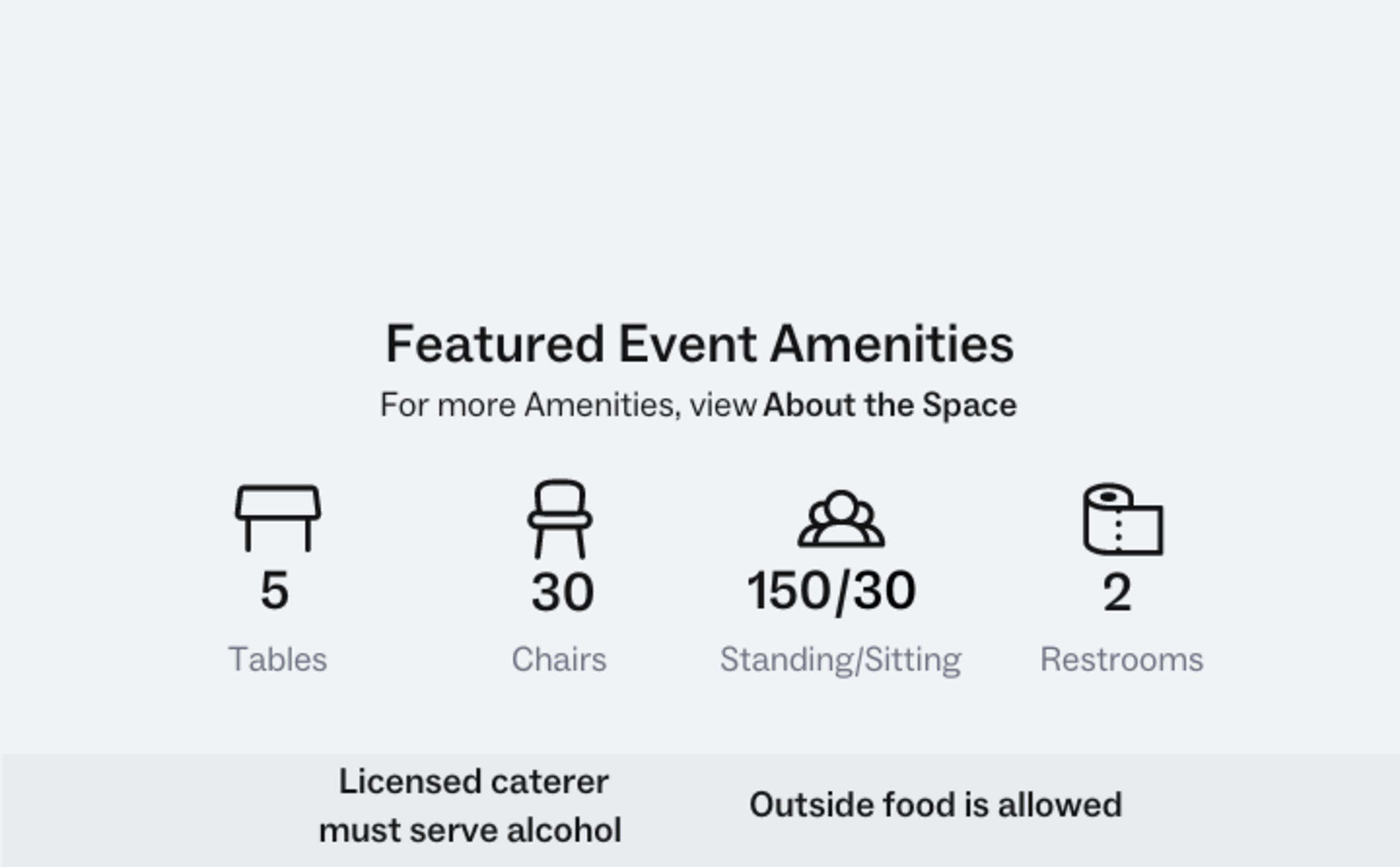 The image displays a list of event amenities, including 5 tables, 30 chairs, a capacity for 150 standing or sitting, and 2 restrooms.
