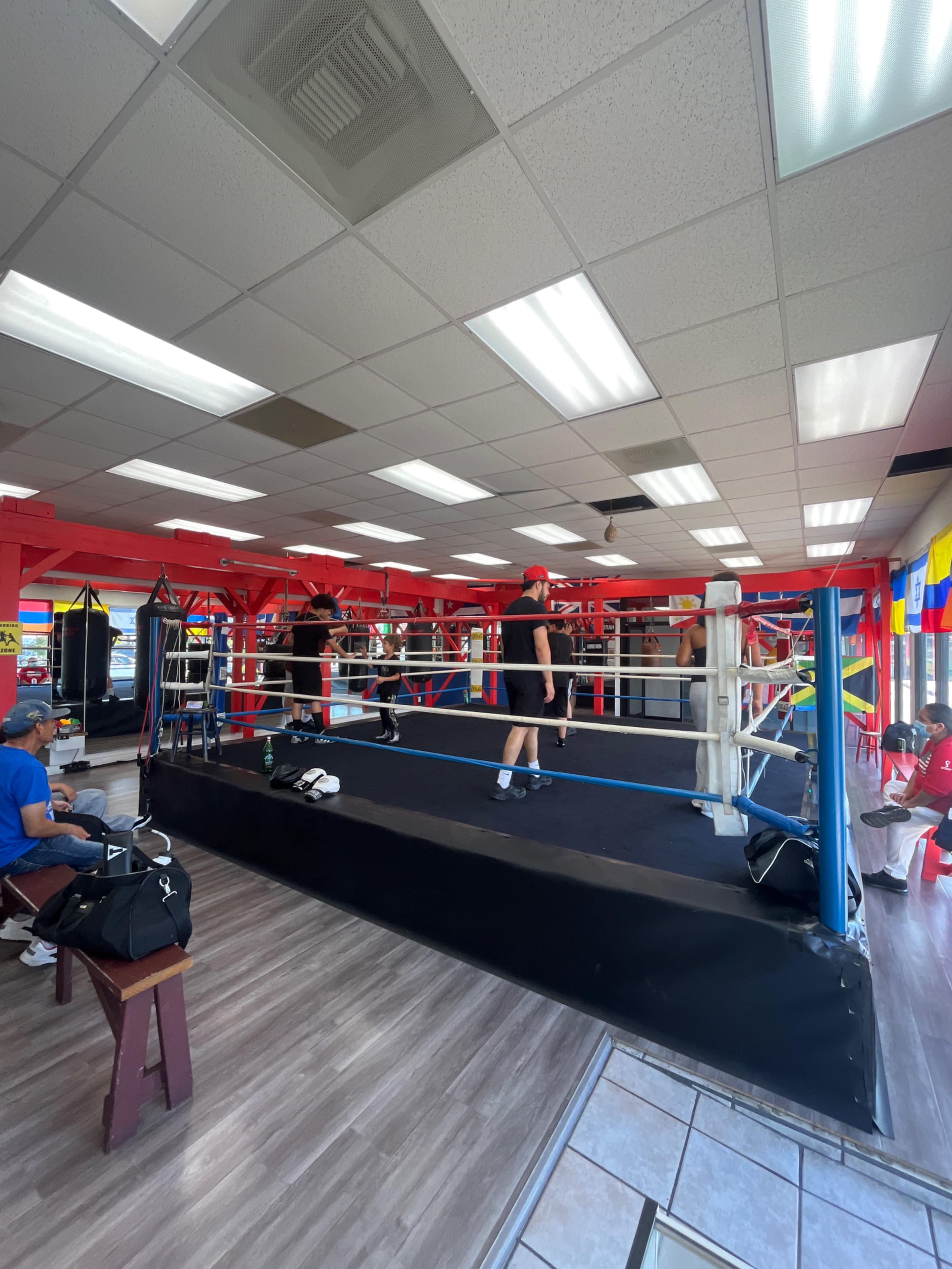 A boxing gym features a training ring surrounded by equipment and people engaged in practice activities.