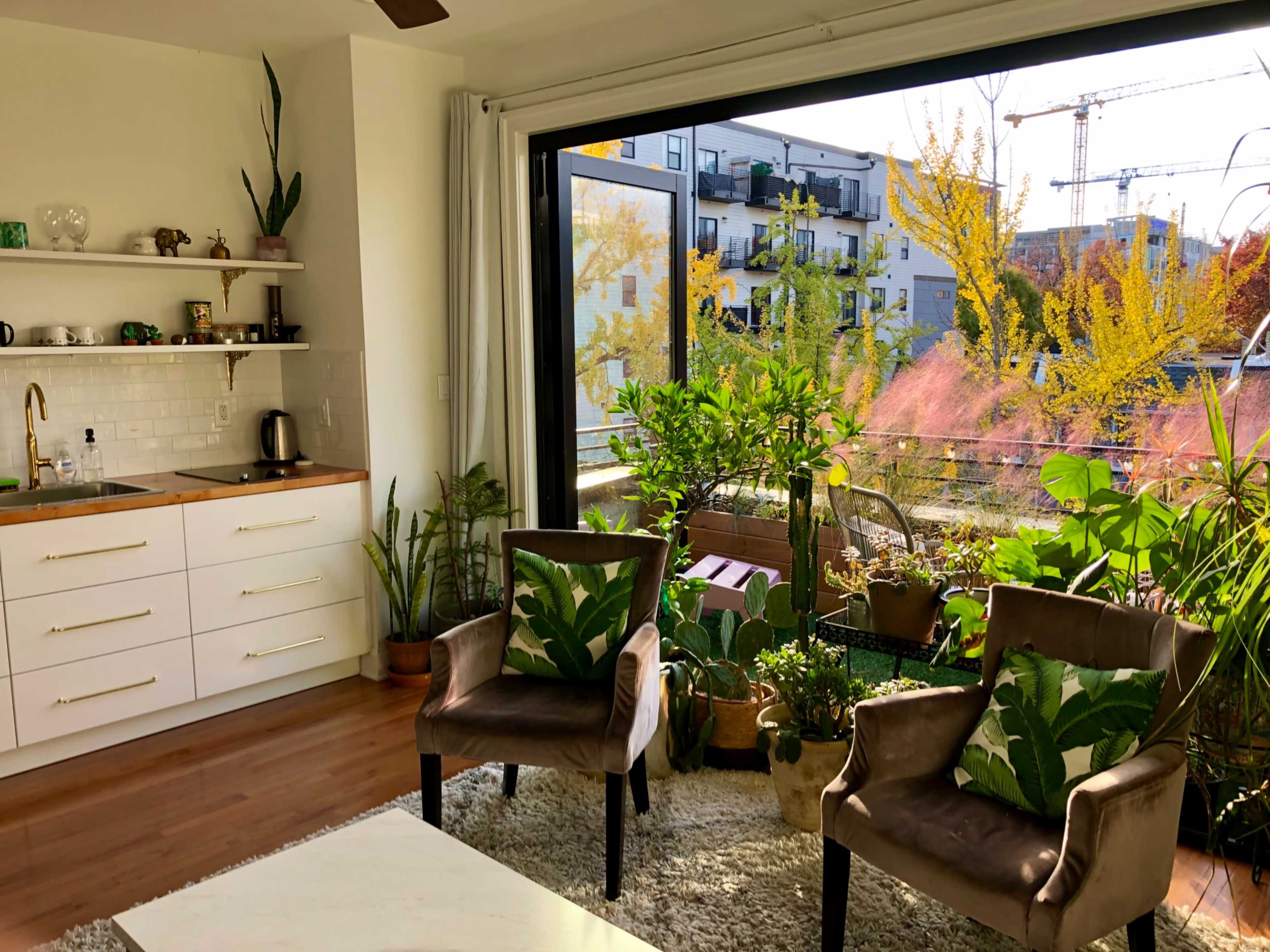 A bright living space features a kitchenette and two chairs overlooking a balcony filled with various plants.