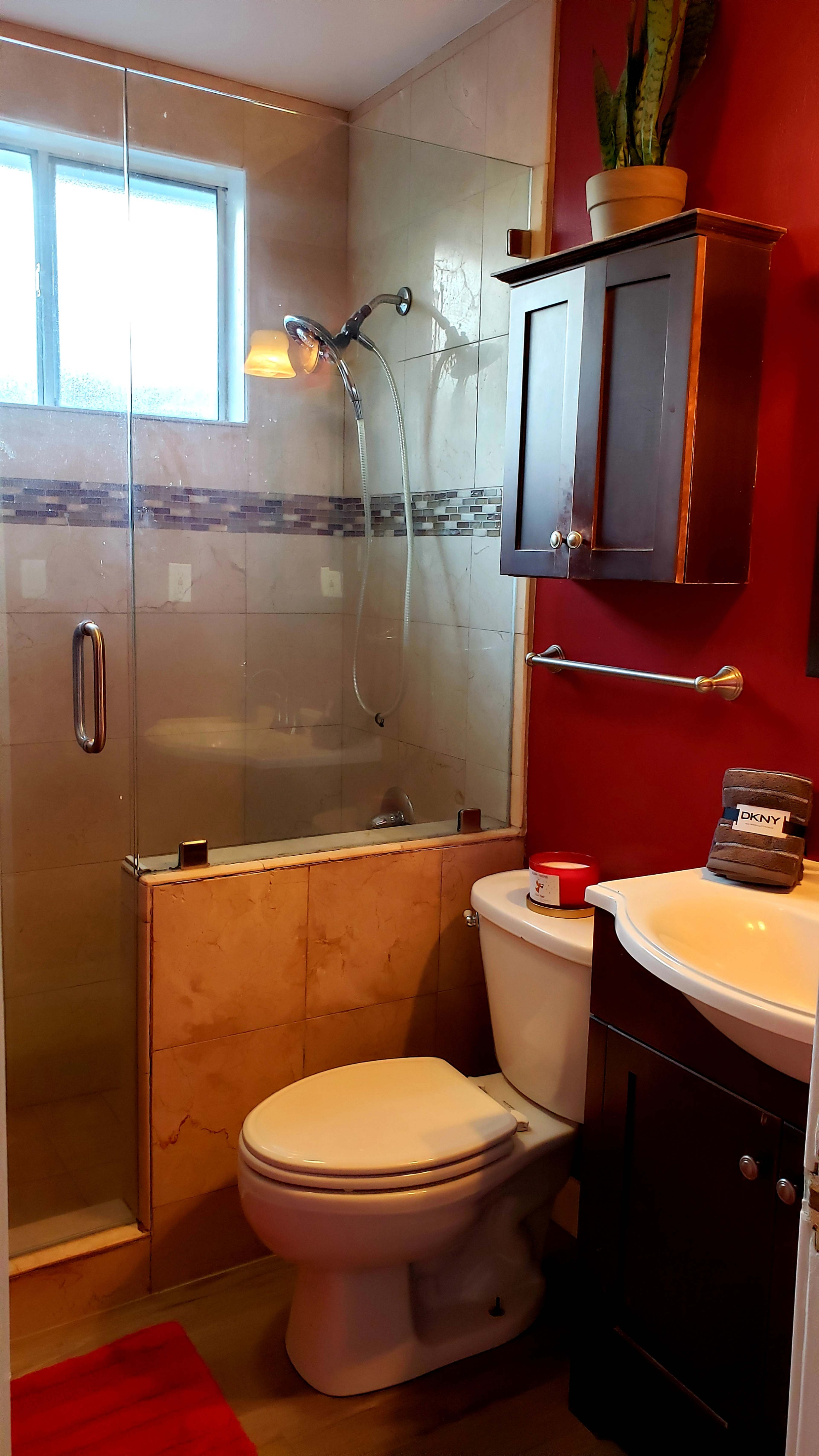 A bathroom featuring a glass-enclosed shower, a toilet, and a sink with dark cabinetry against a red wall.