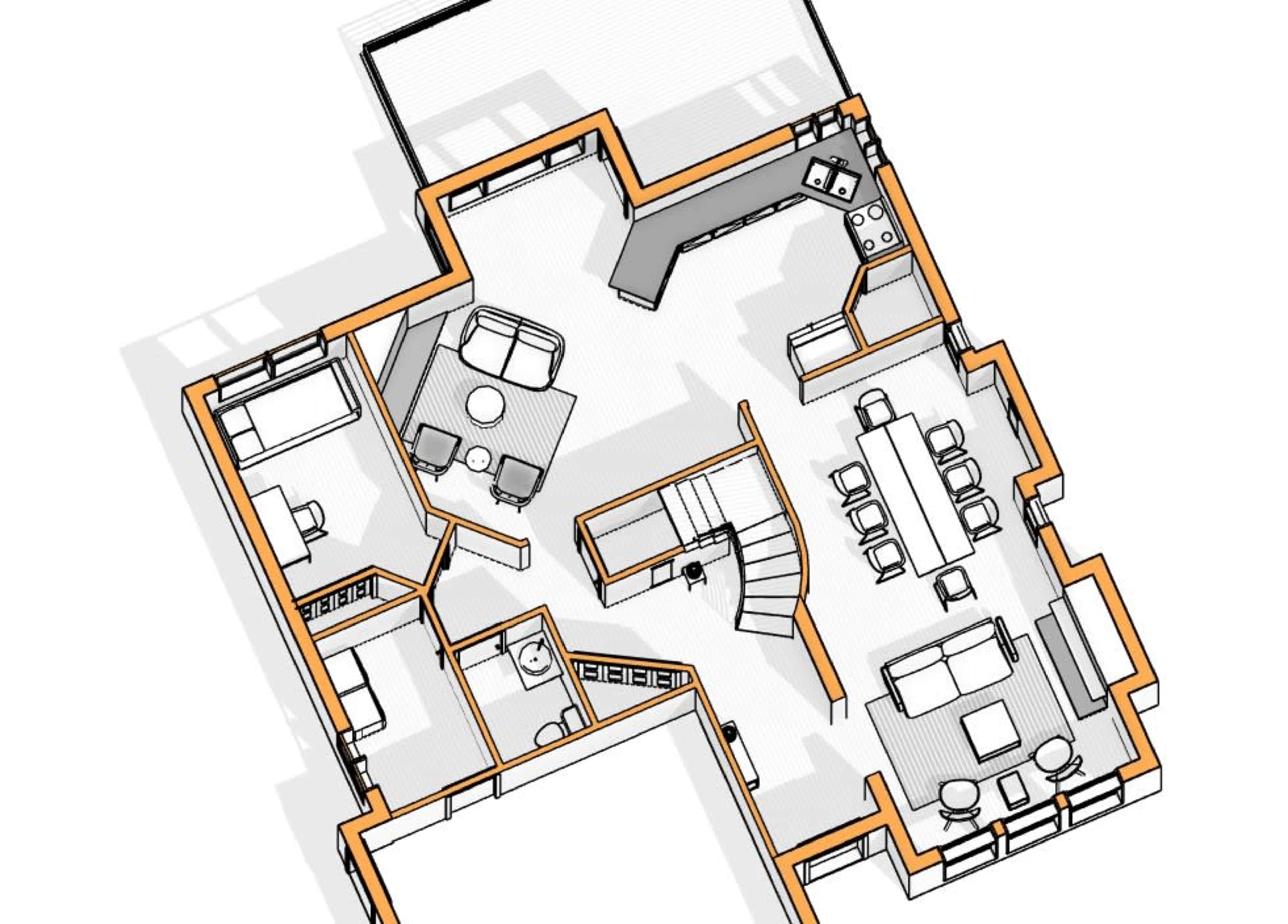 A floor plan of a house layout, featuring rooms such as a kitchen, dining area, living room, and staircase.