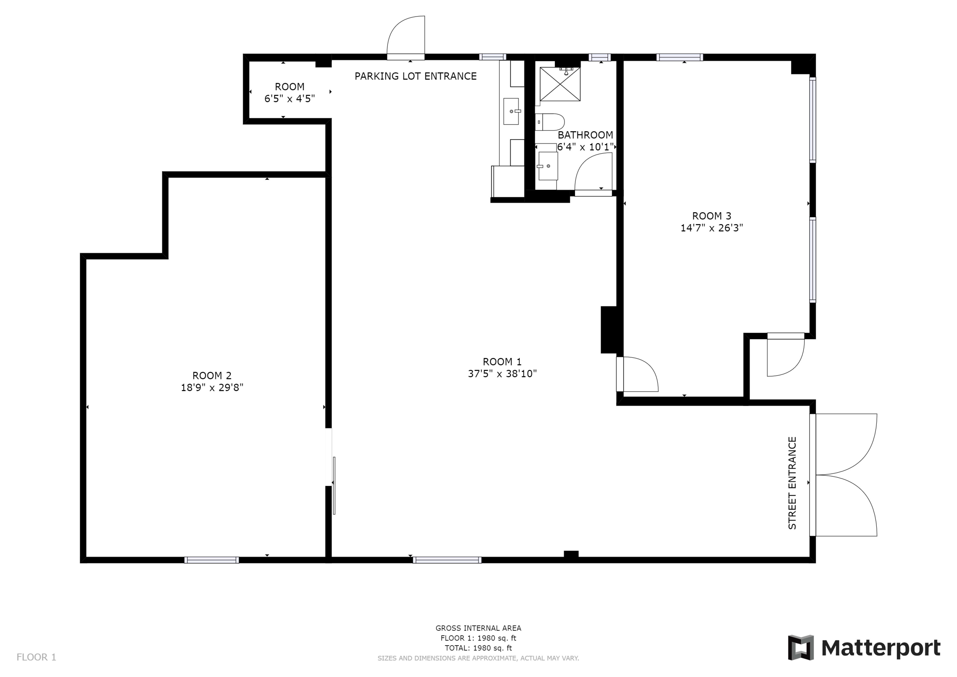 The floor plan shows a layout with a parking lot entrance, a street entrance, two rooms labeled Room 1 and Room 2, and a bathroom in the upper right corner.