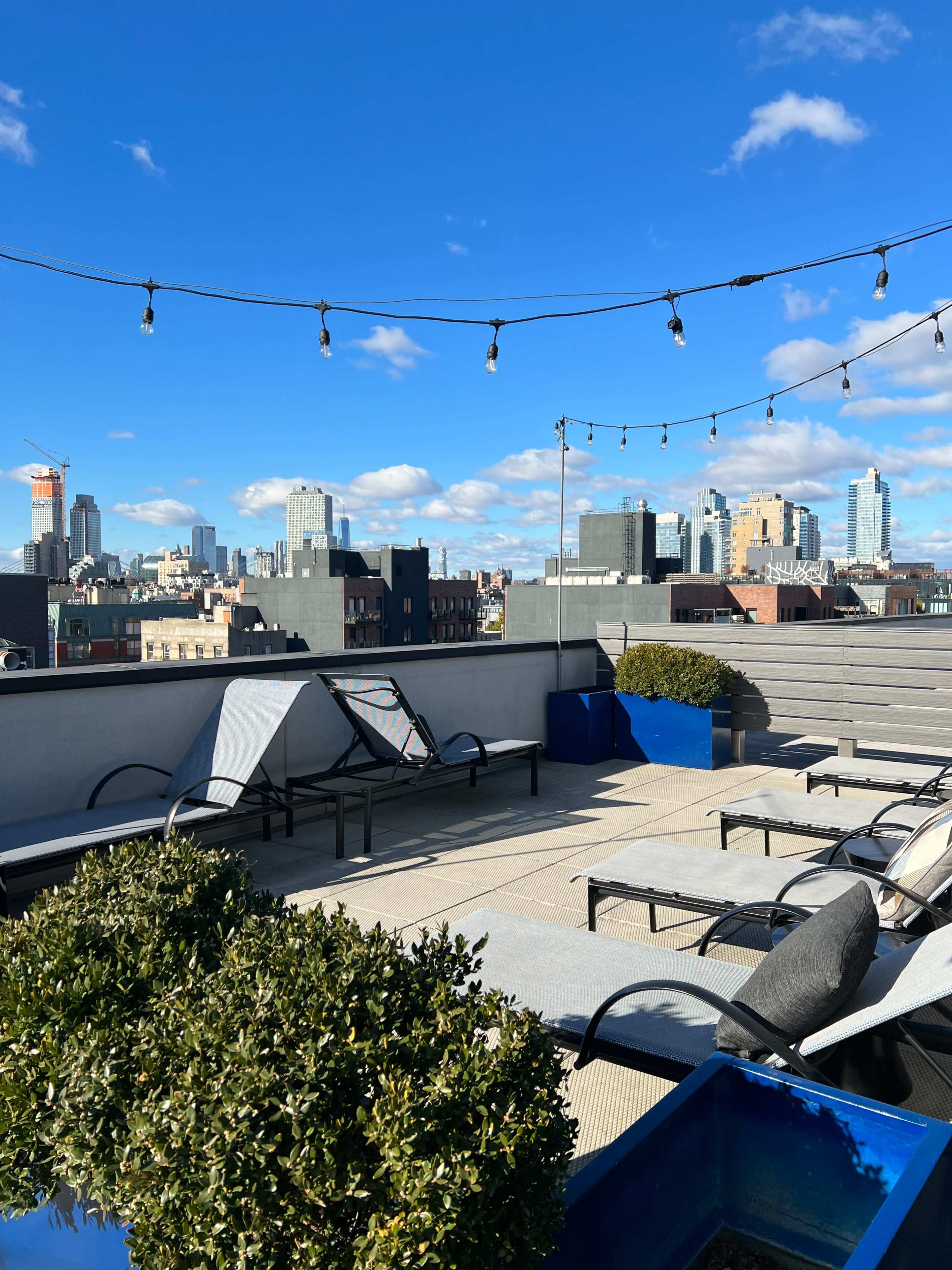 A rooftop terrace features seating and potted plants with a skyline view of buildings under a clear blue sky.