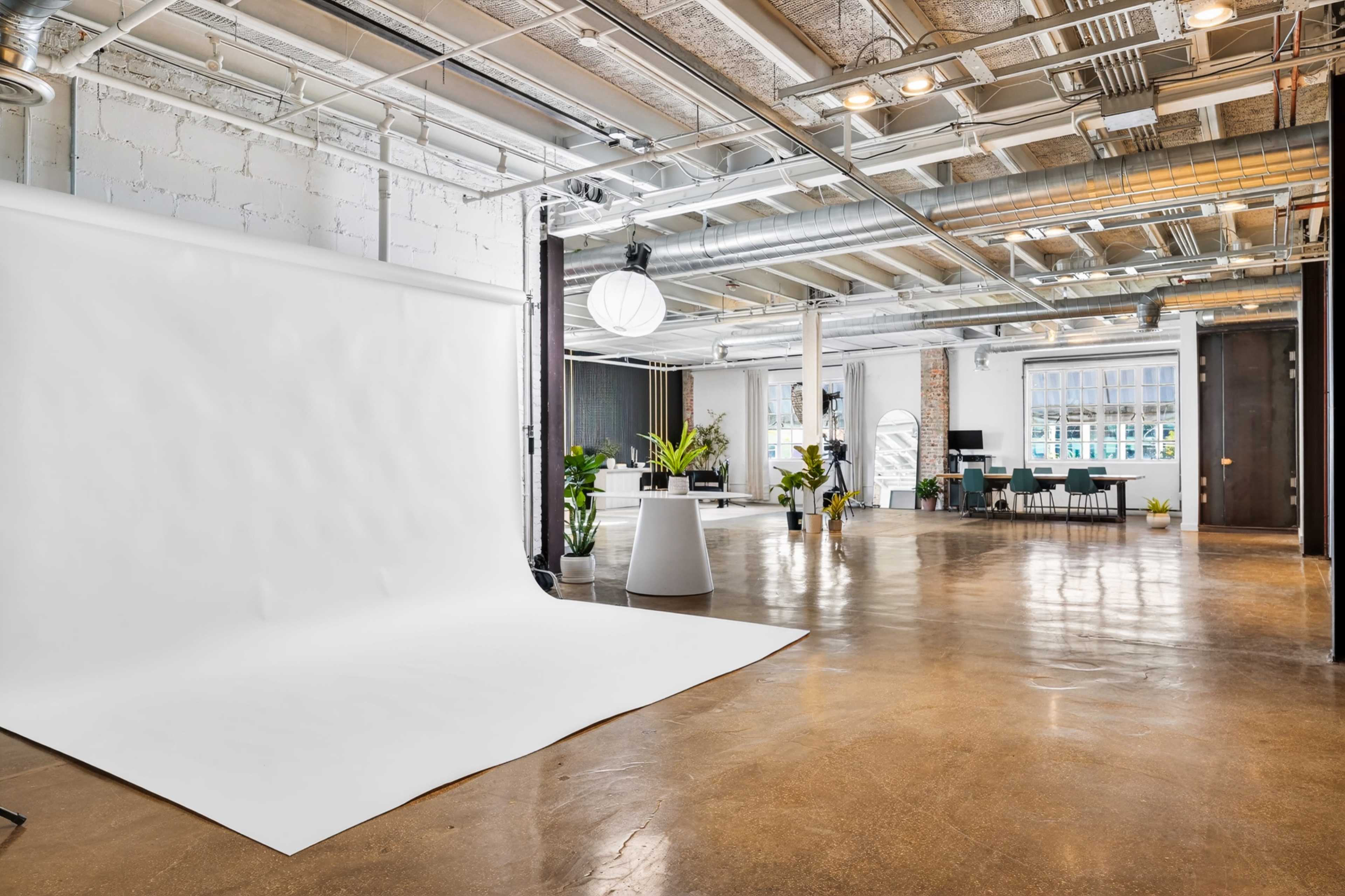 The image shows a spacious, modern studio with a white backdrop, polished concrete floors, and various plants scattered throughout the room.