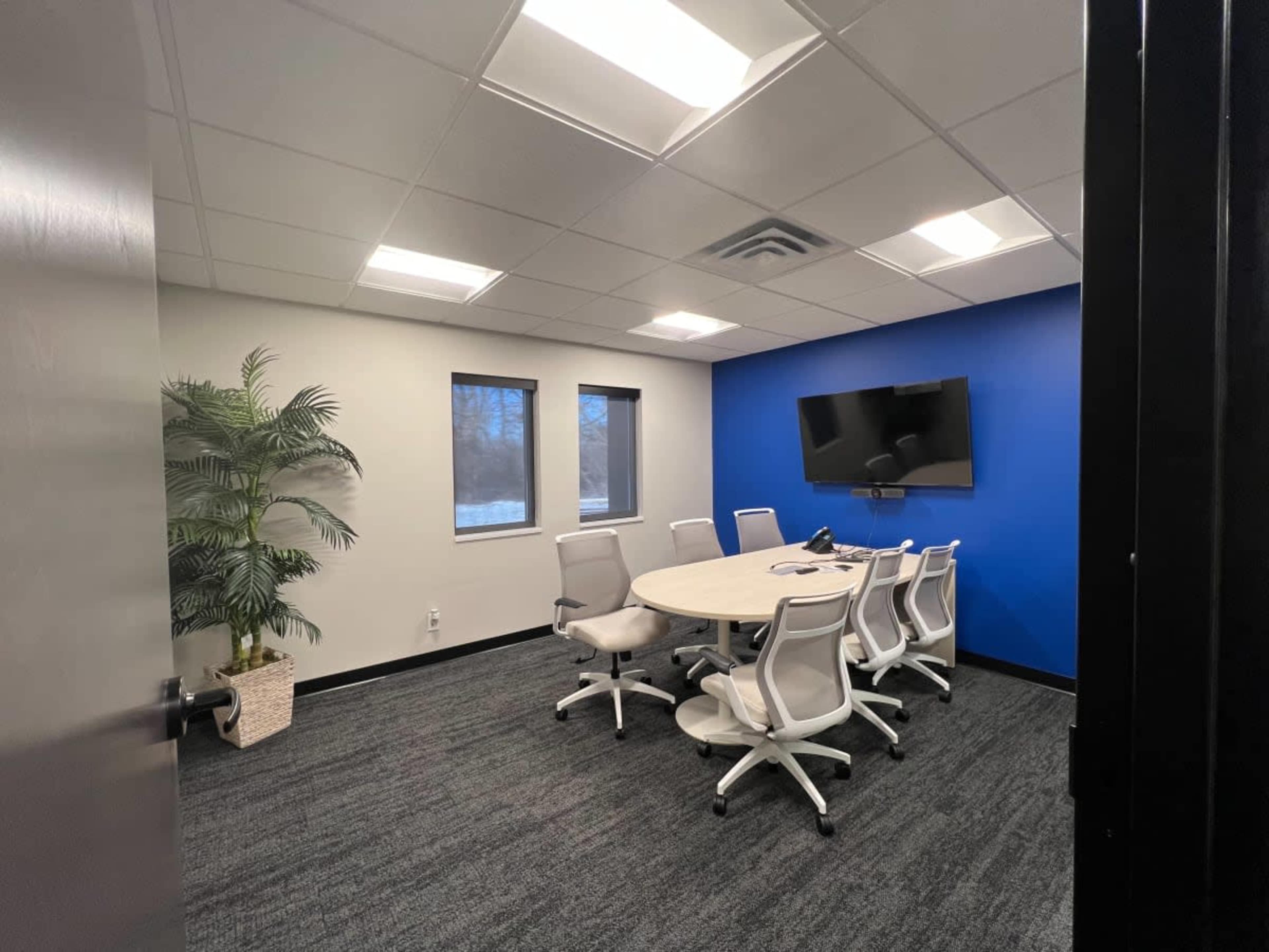 A modern conference room featuring a round table surrounded by white chairs, a television mounted on a blue wall, and a potted plant in the corner.