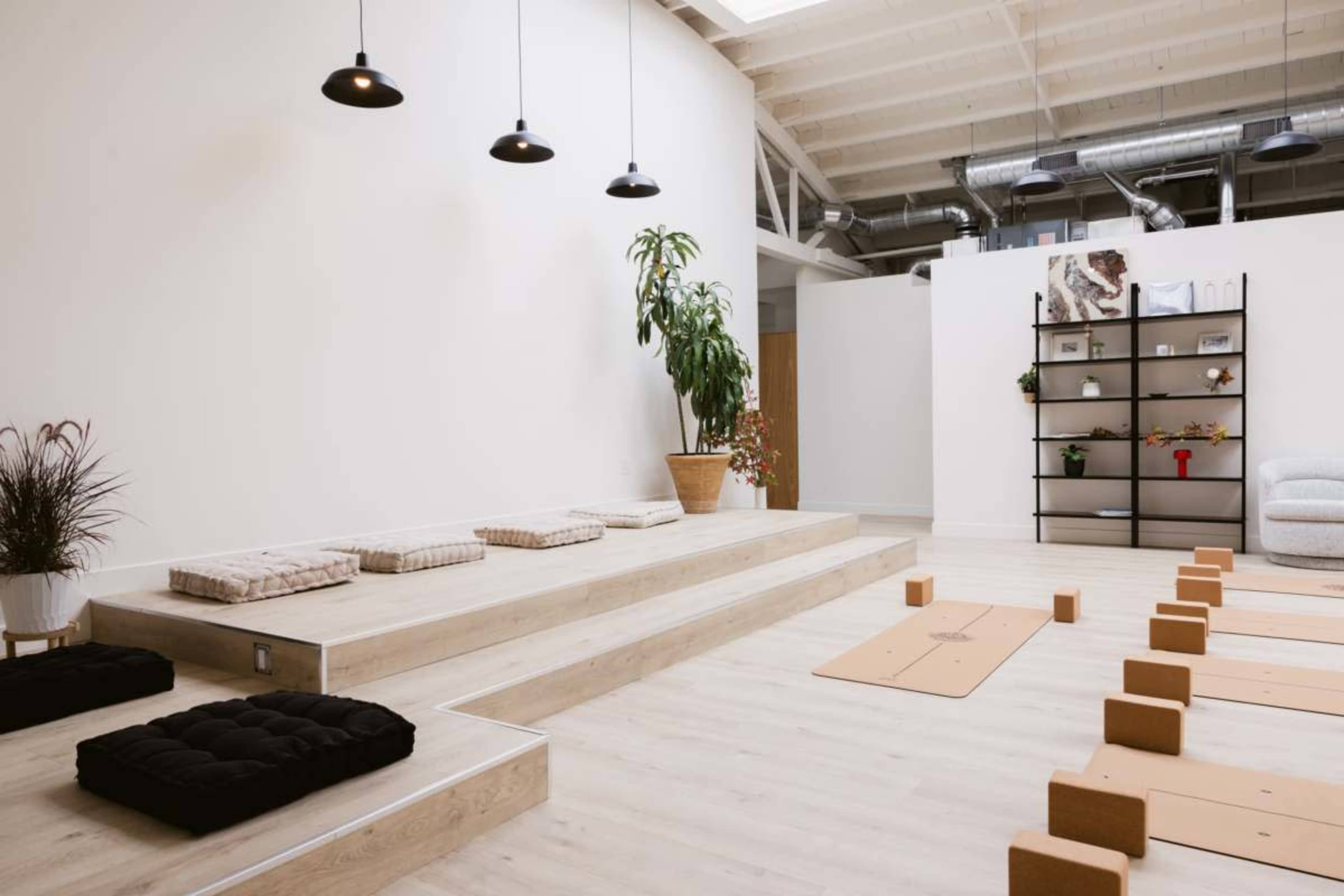 The image shows a spacious yoga studio featuring wooden platforms, mats arranged in rows on the floor, and a shelf with plants and decor against a light wall.