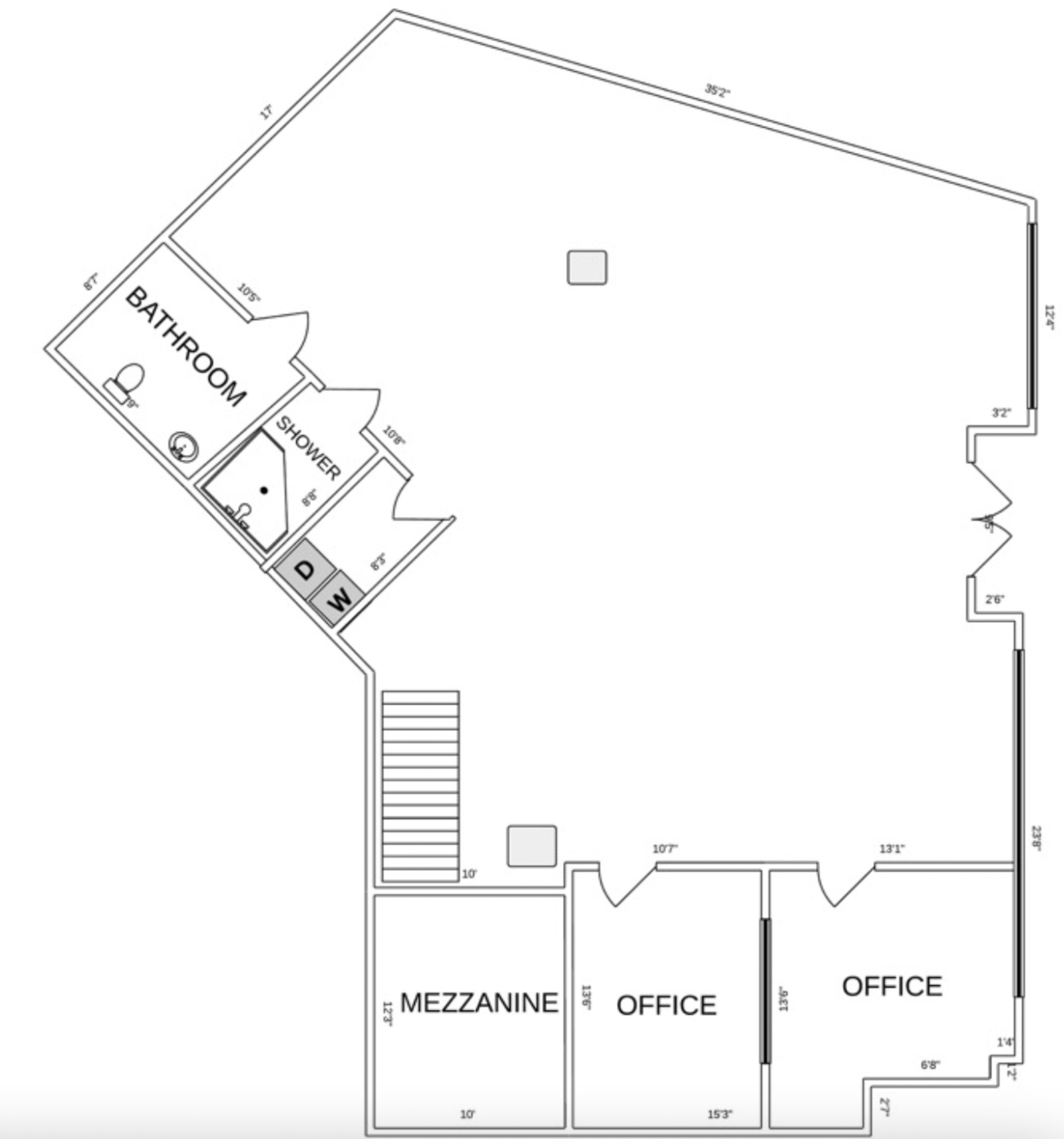The floor plan shows a layout with a bathroom featuring a shower, a mezzanine area, and three offices, along with stairs indicated on the left side.