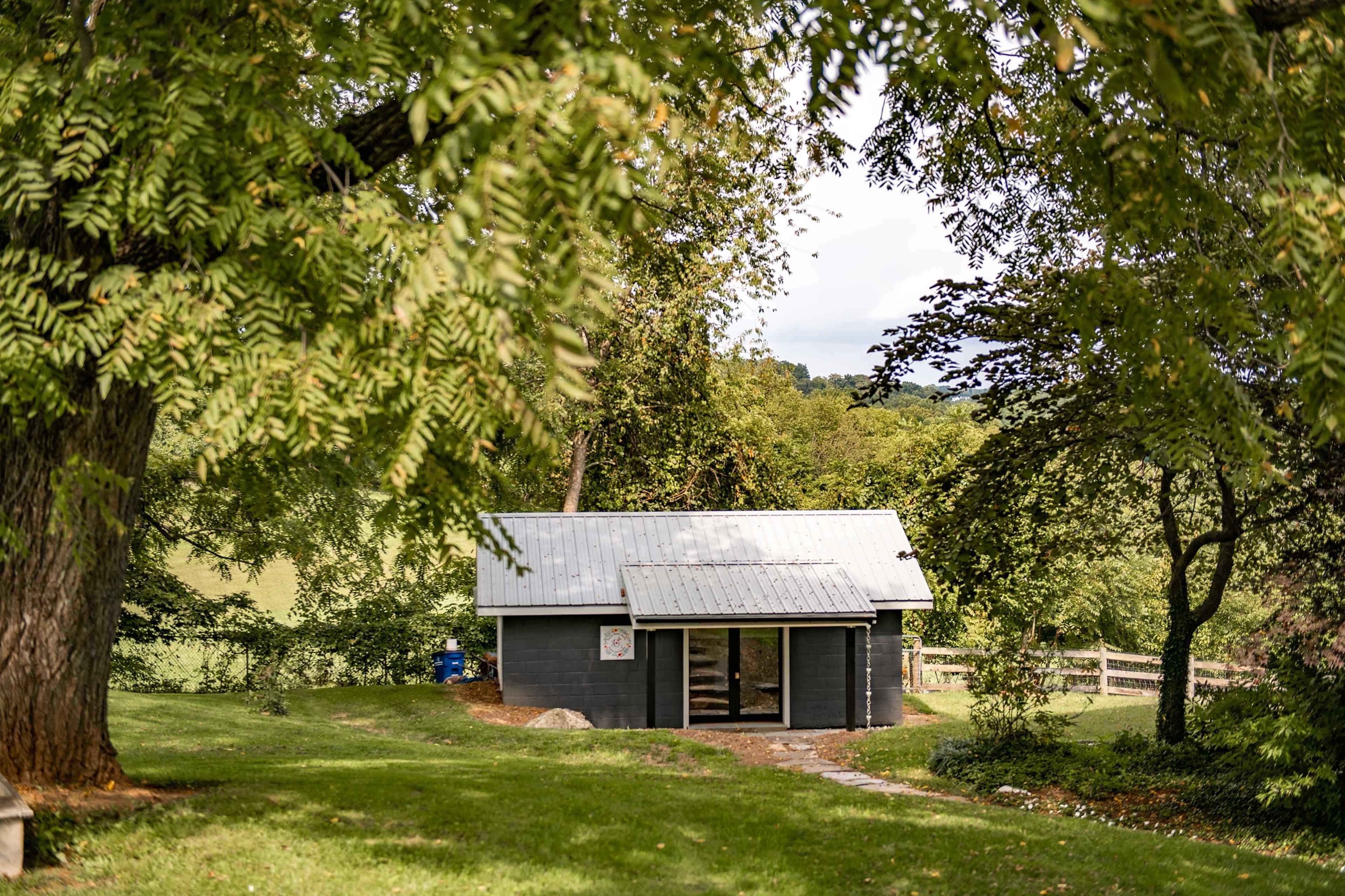 A small, gray wooden cabin with a metal roof is surrounded by green trees and a grassy area.