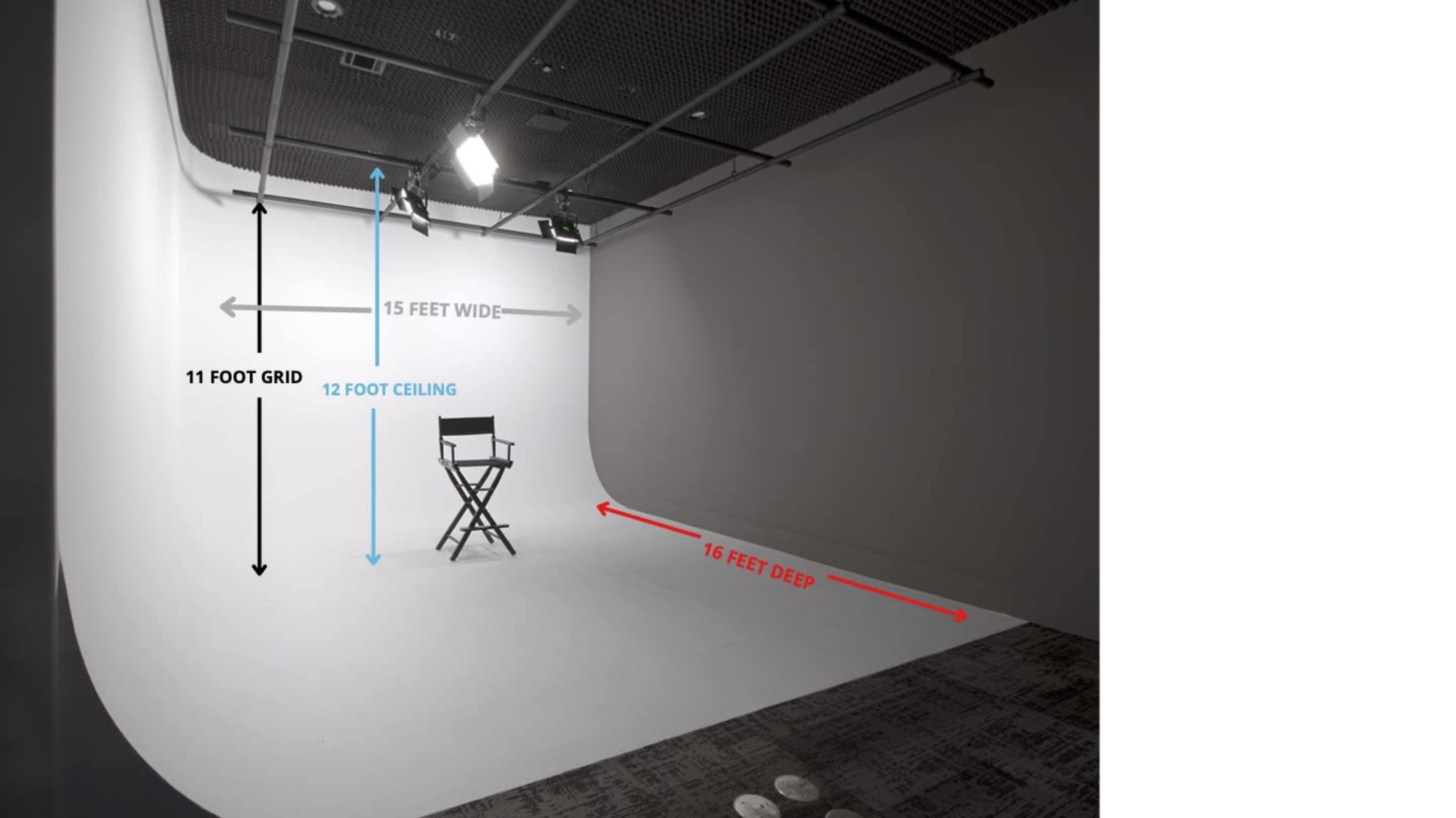 A studio space with a white backdrop, a director's chair, and labeled dimensions indicating a 15-foot width, 16-foot depth, and a 12-foot ceiling.