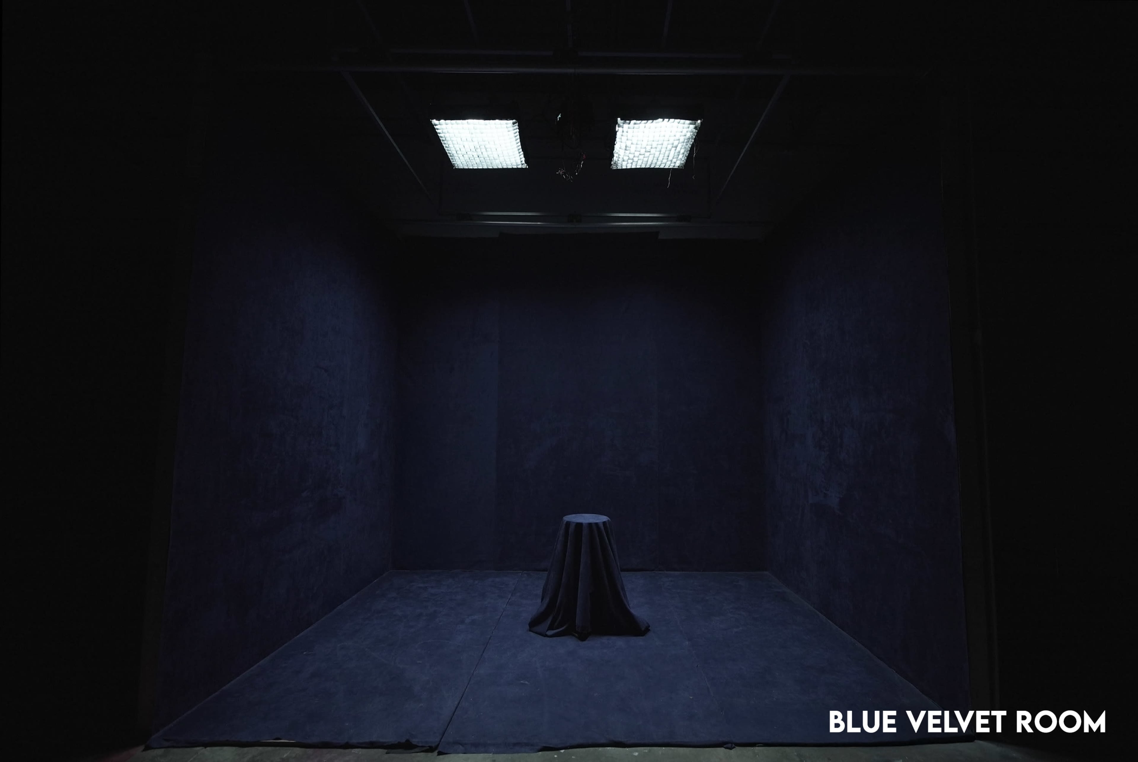 The image depicts a dark room with textured walls and a single table covered by a cloth in the center, illuminated by overhead lights.