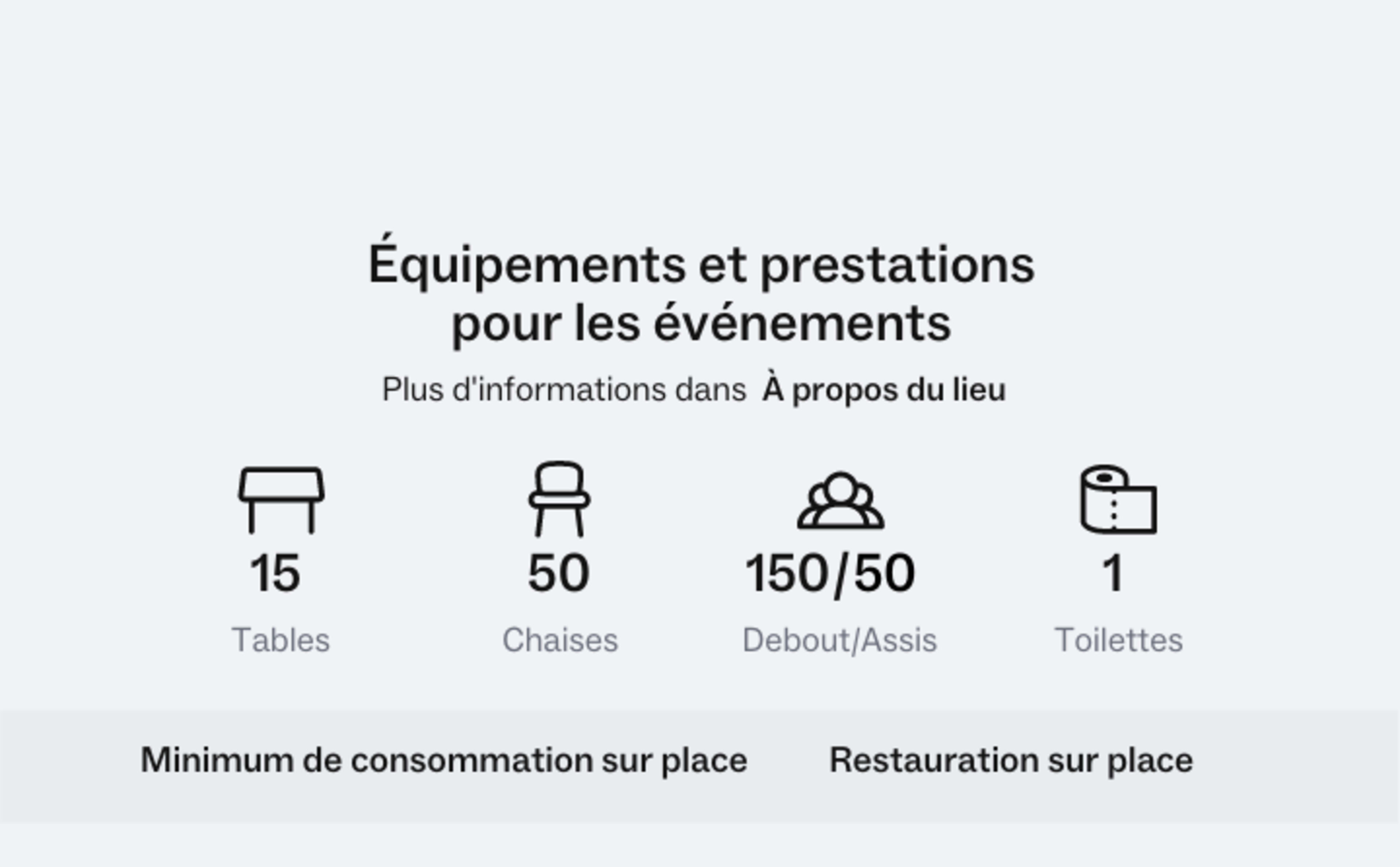 Event equipment and services, including details about tables, chairs, seating capacity, and restroom facilities.