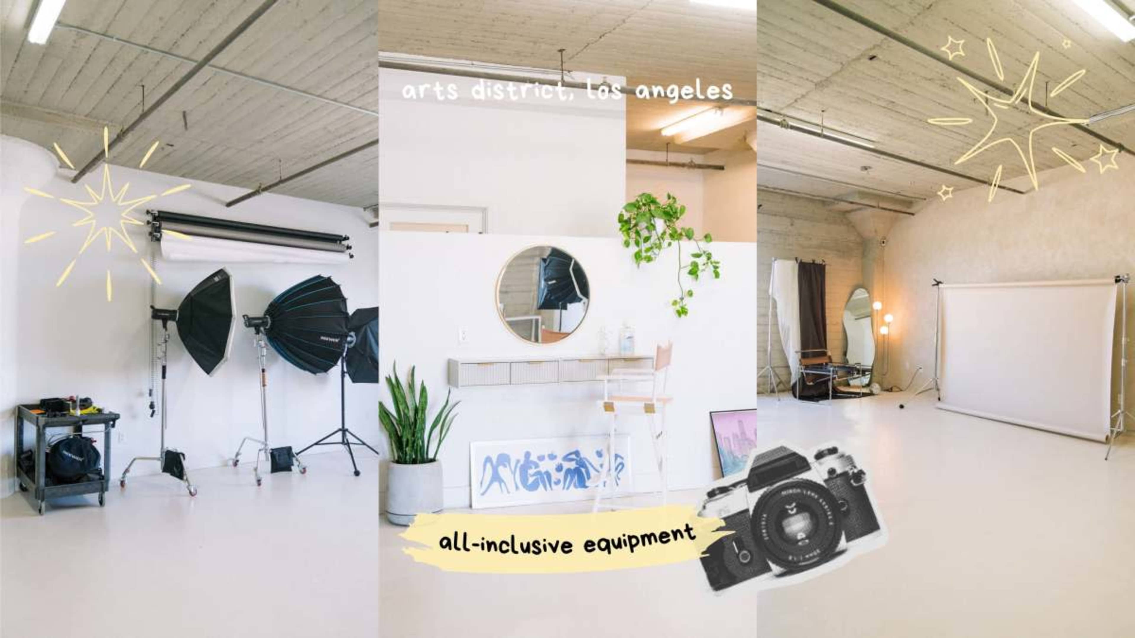The image shows a spacious studio in the Arts District of Los Angeles, equipped with photography lighting gear, backdrops, and a styled area for creative work.
