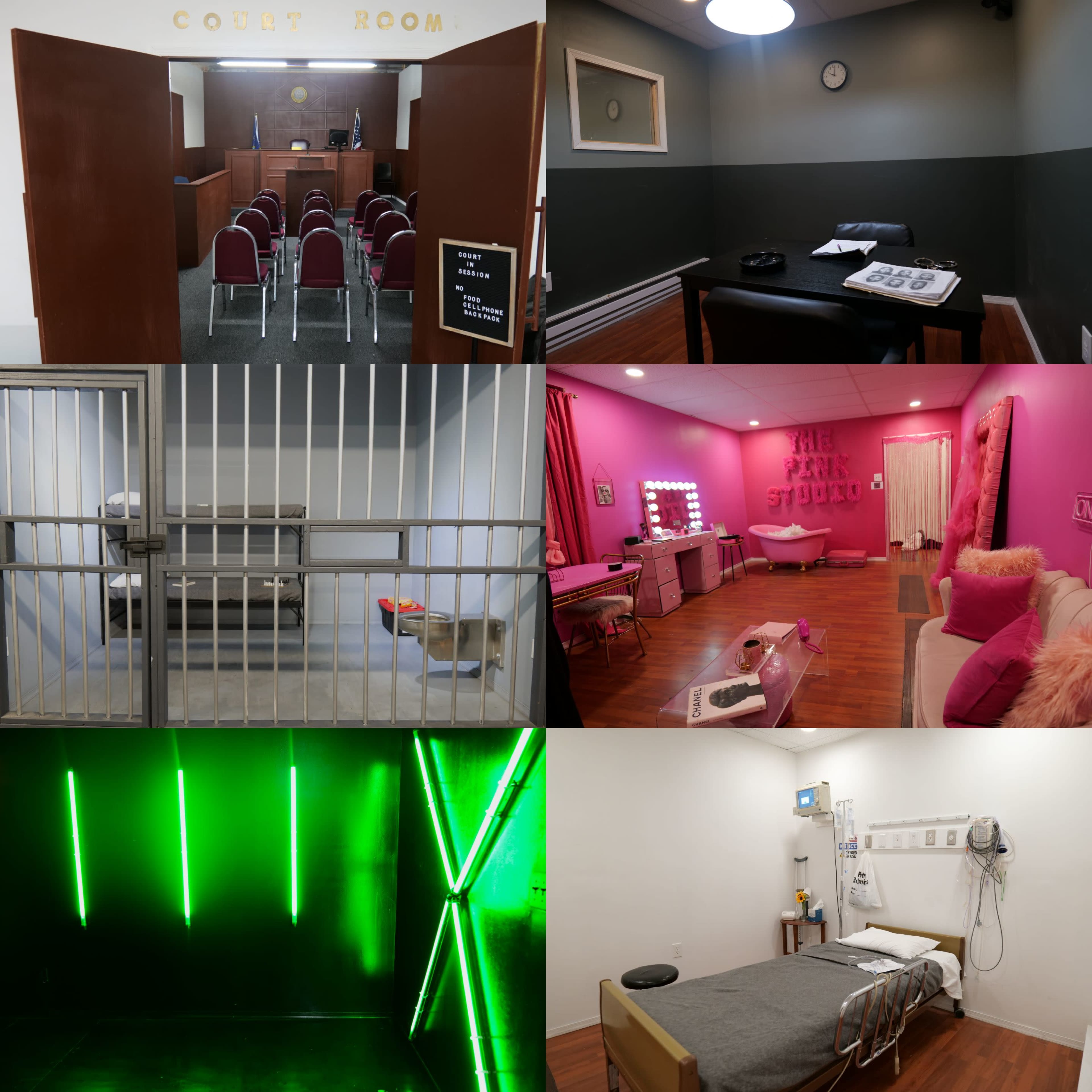 Six distinct scenes: a court room with chairs and a judge's bench, an office space with a clock on the wall, prison cells with bars, a glamorous beauty studio with pink decor, a performance stage featuring green lights, and a hospital room equipped with medical equipment.