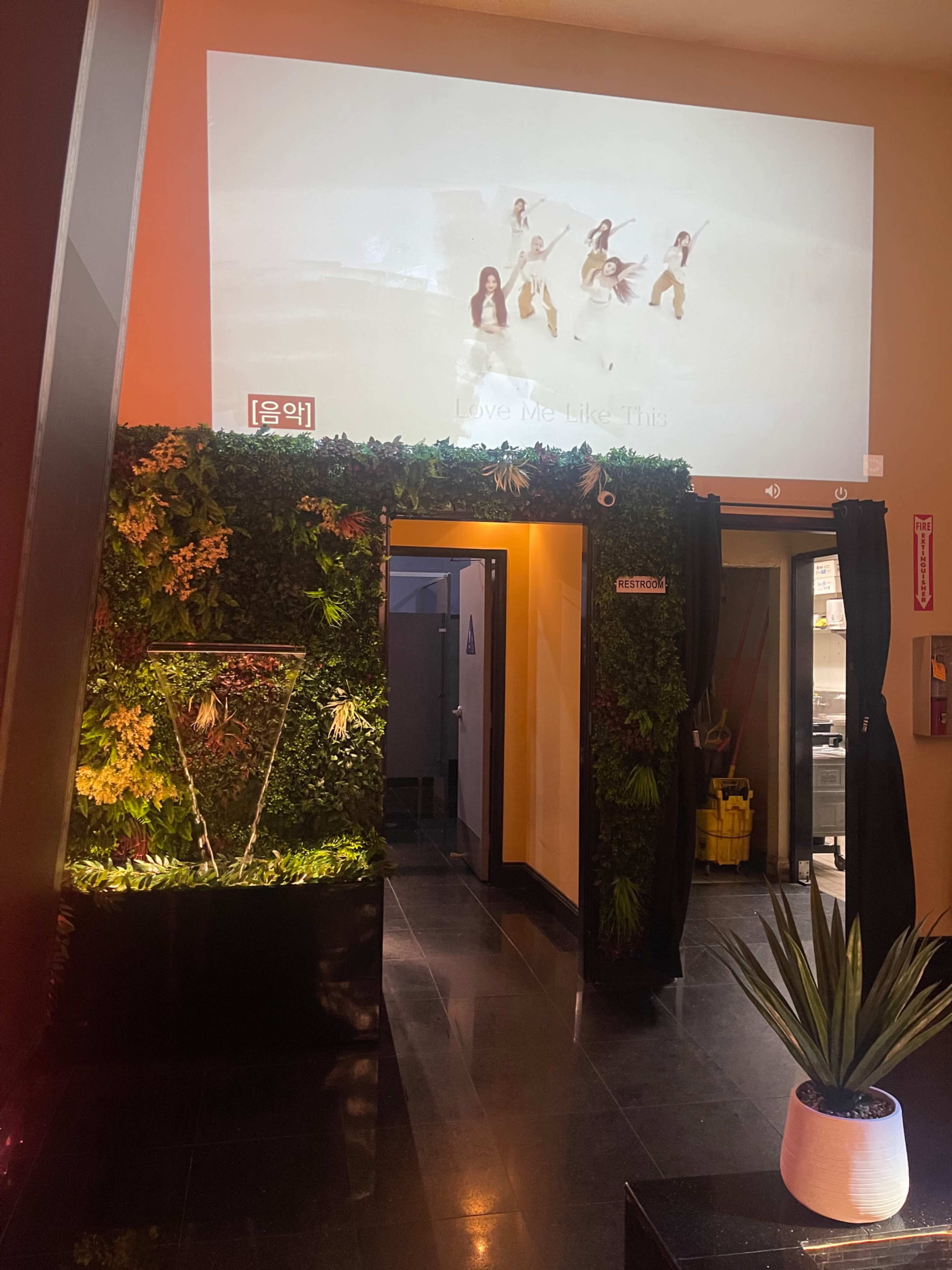 The image shows an interior space featuring a projection of a video on a wall, surrounded by greenery and a doorway leading to another area.