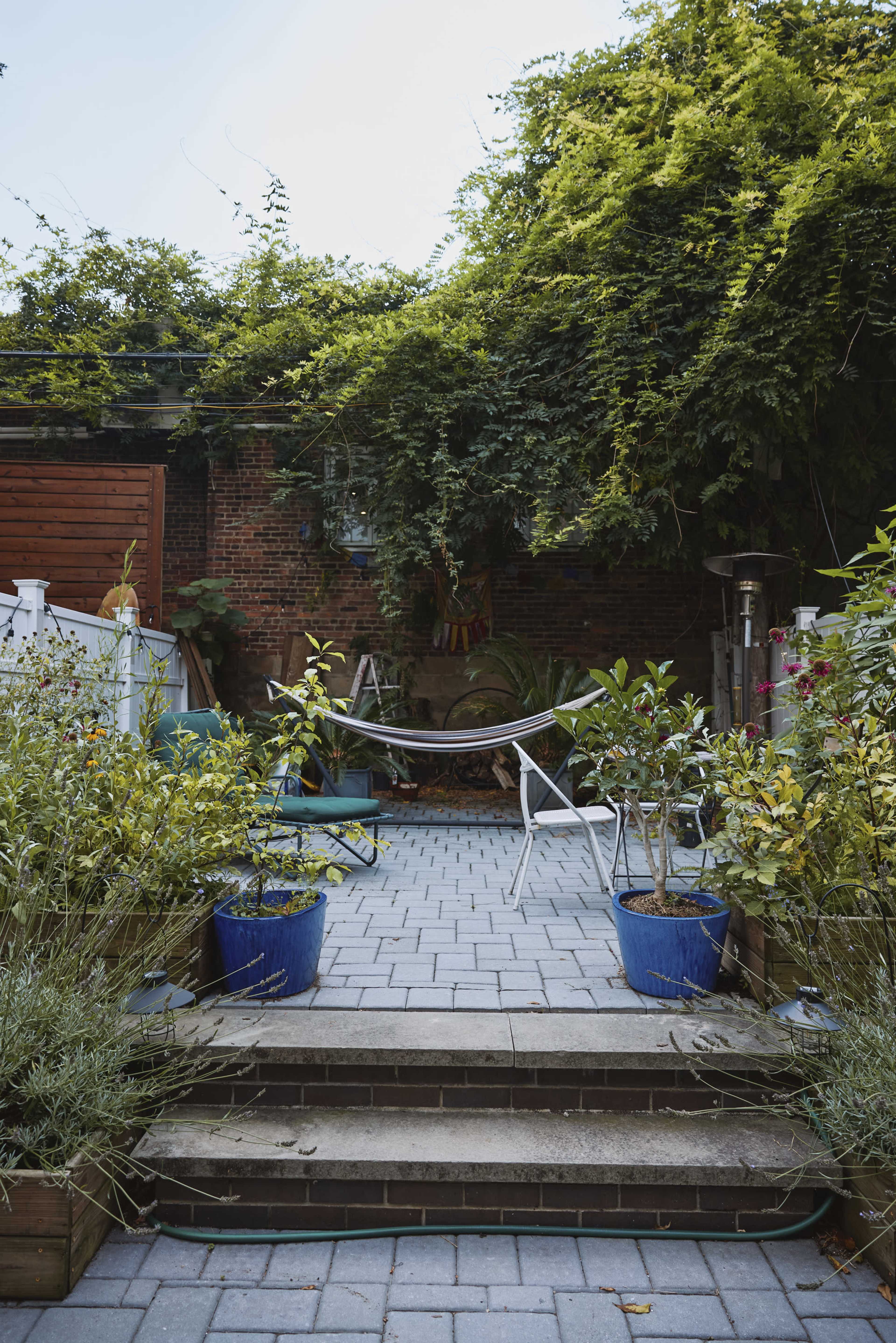 The image shows a brick-paved backyard with green plants in pots, a few chairs, and a wooden fence partially covered by foliage.