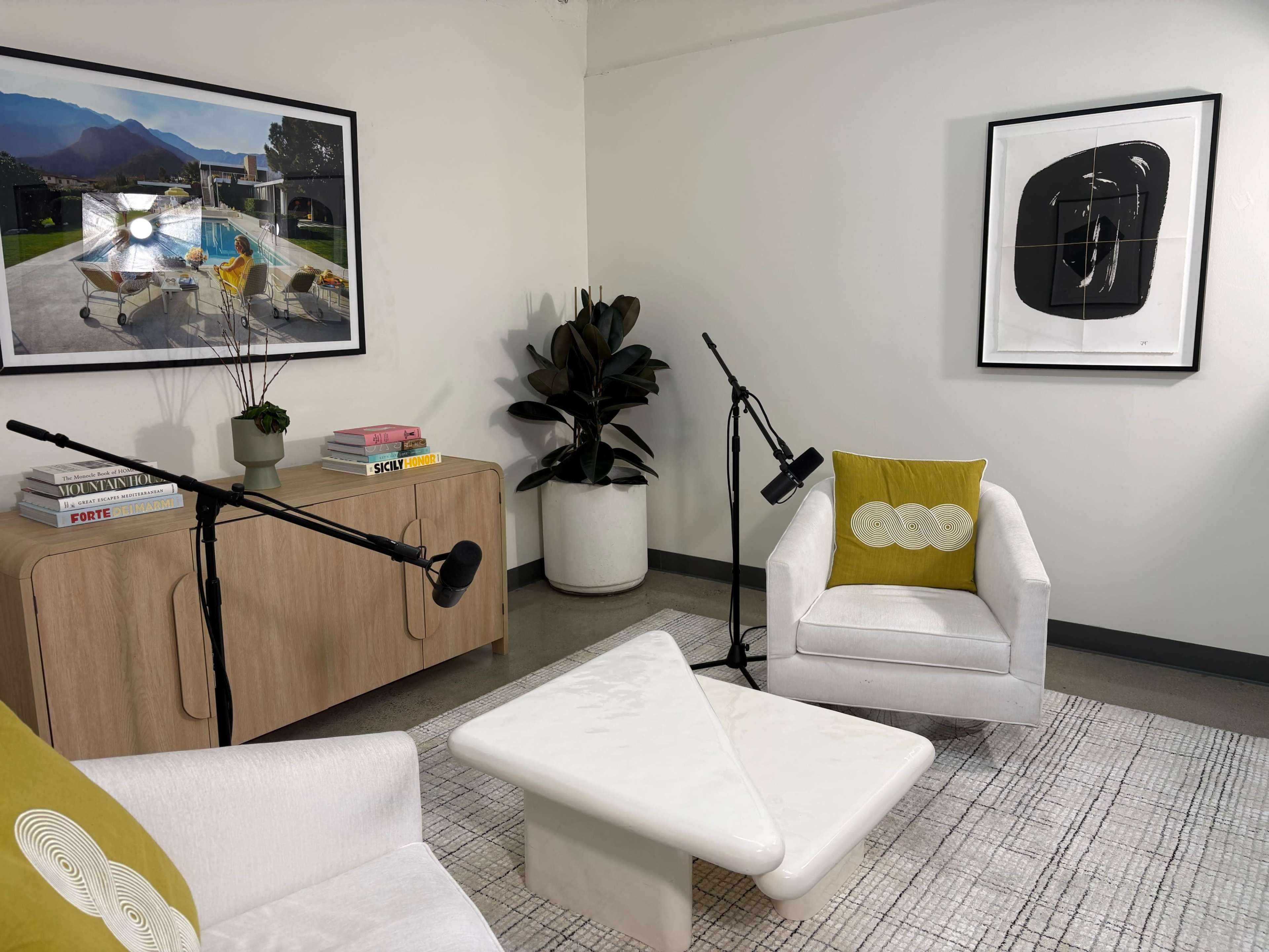The image shows a minimalist interview setup featuring two armchairs, a triangular coffee table, a potted plant, and a sideboard, all arranged with two microphones positioned for a conversation.