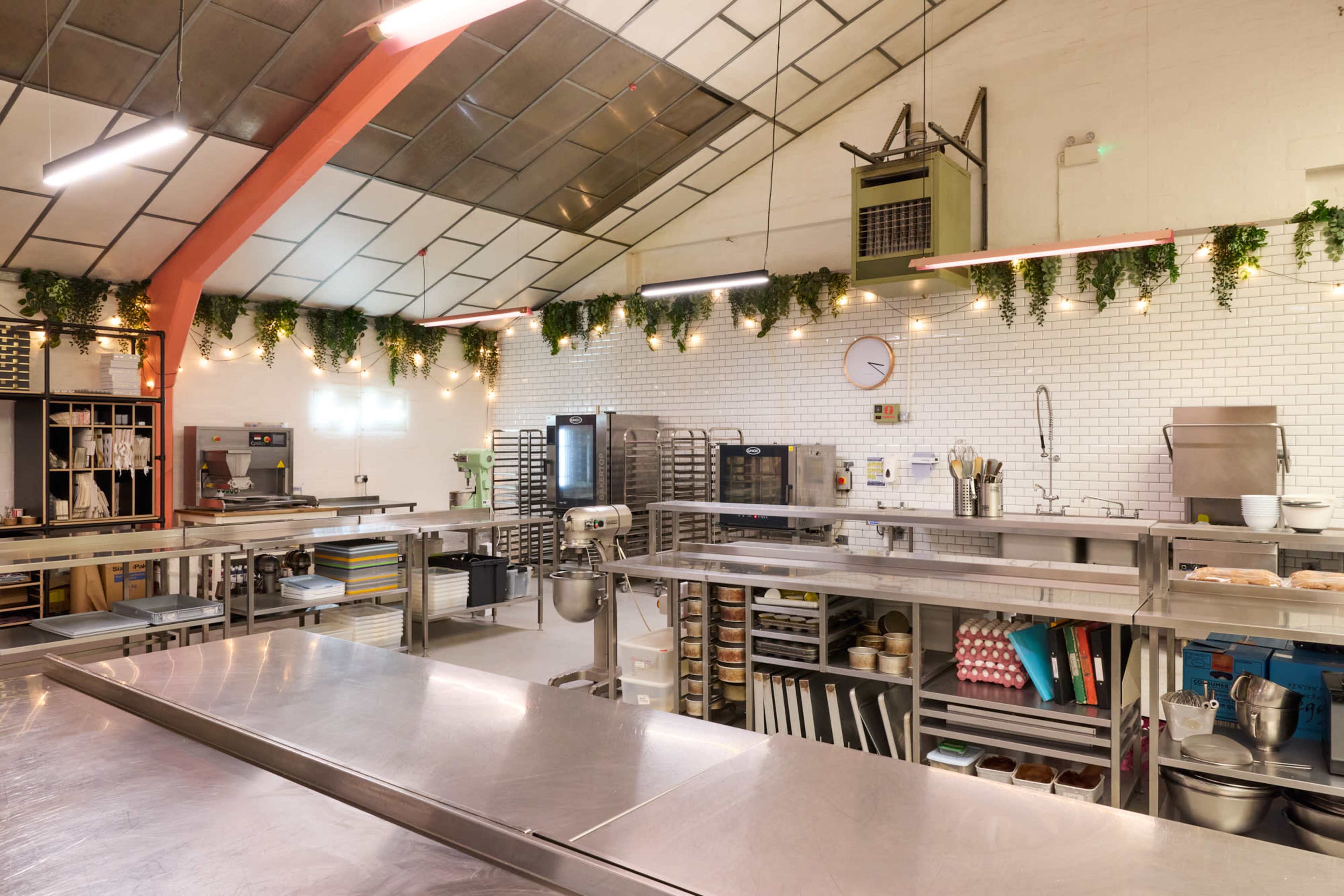 The image shows a well-equipped kitchen with stainless steel countertops, various appliances, and greenery along the walls.