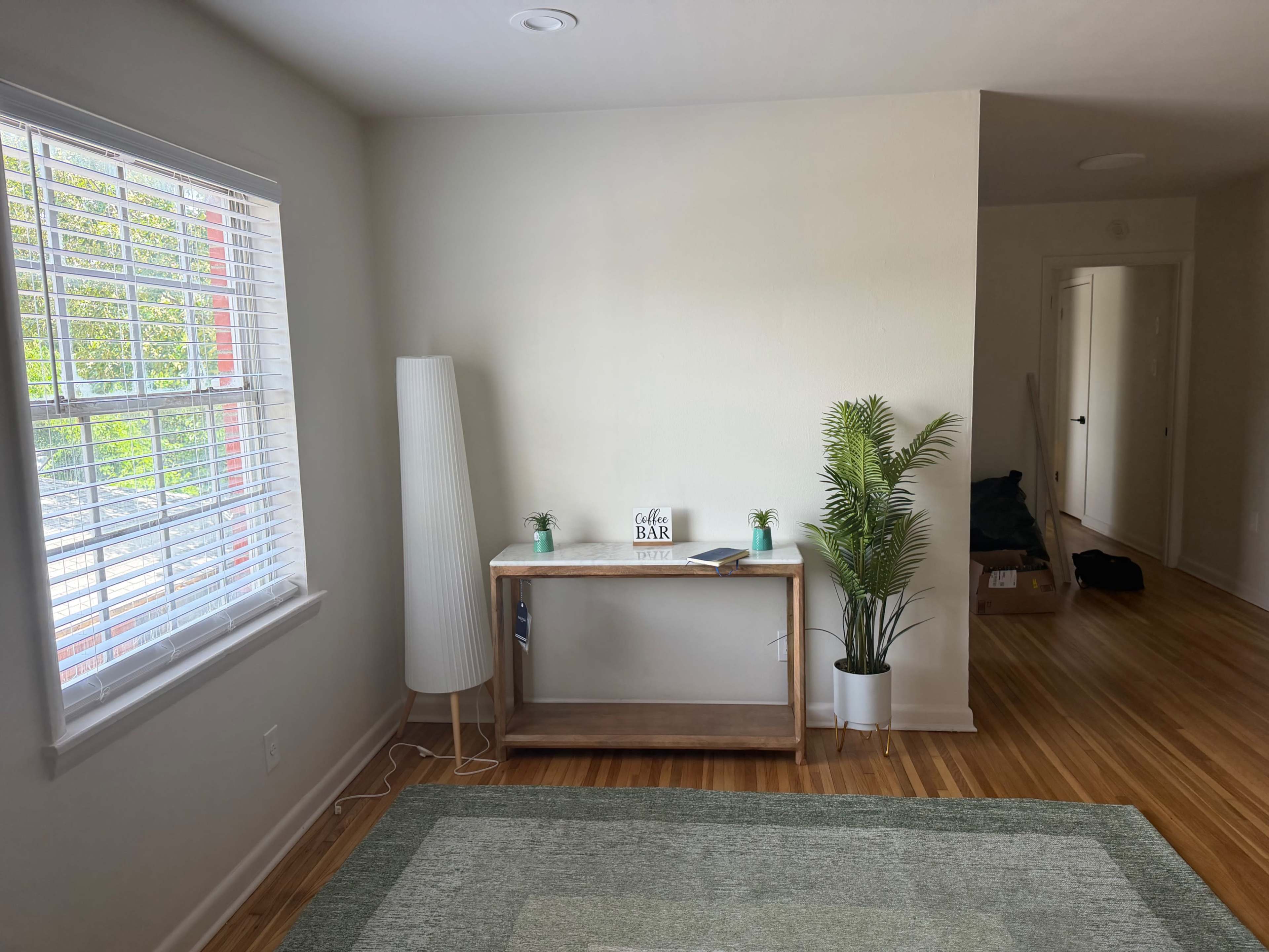 The image shows a bright, minimally furnished room with a small wooden console table, a tall lamp, and a plant in a pot, along with a corner containing a box and some dark clothing.