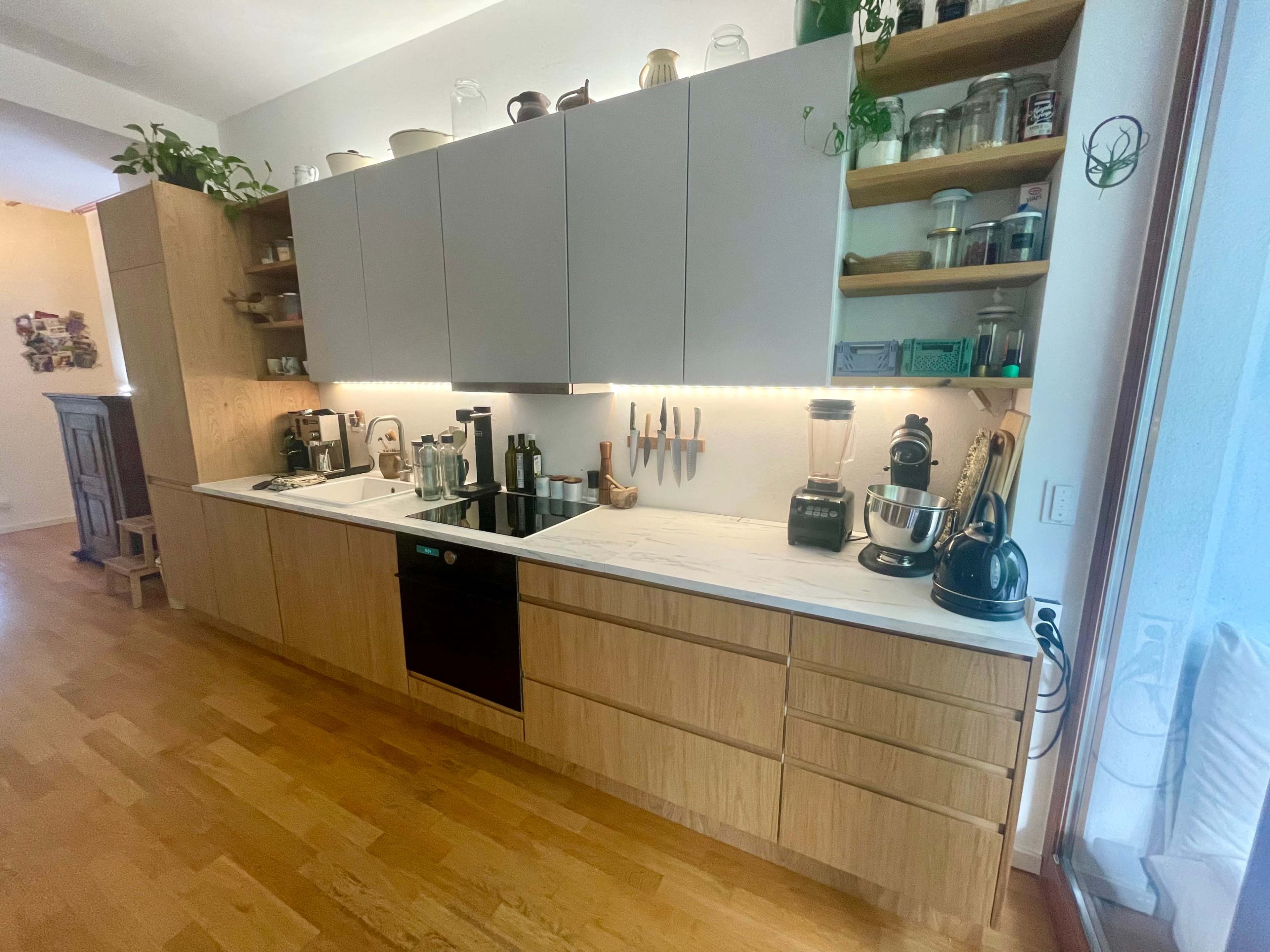 The kitchen features wooden cabinetry, a marble countertop, and organized appliances along the wall, with plants displayed on shelves above.