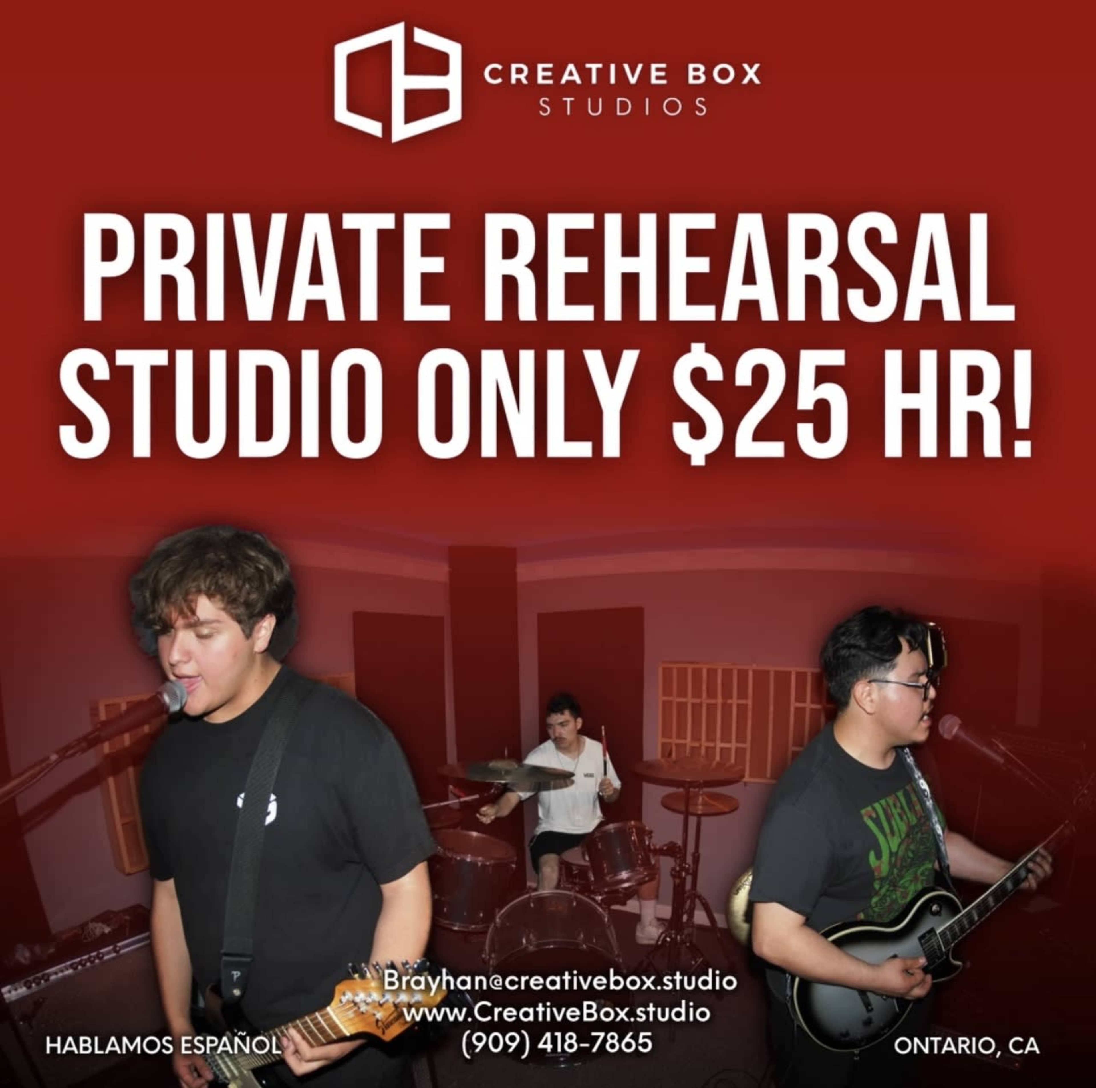 The image advertises a private rehearsal studio for $25 per hour, showcasing musicians performing with instruments in a studio setting.