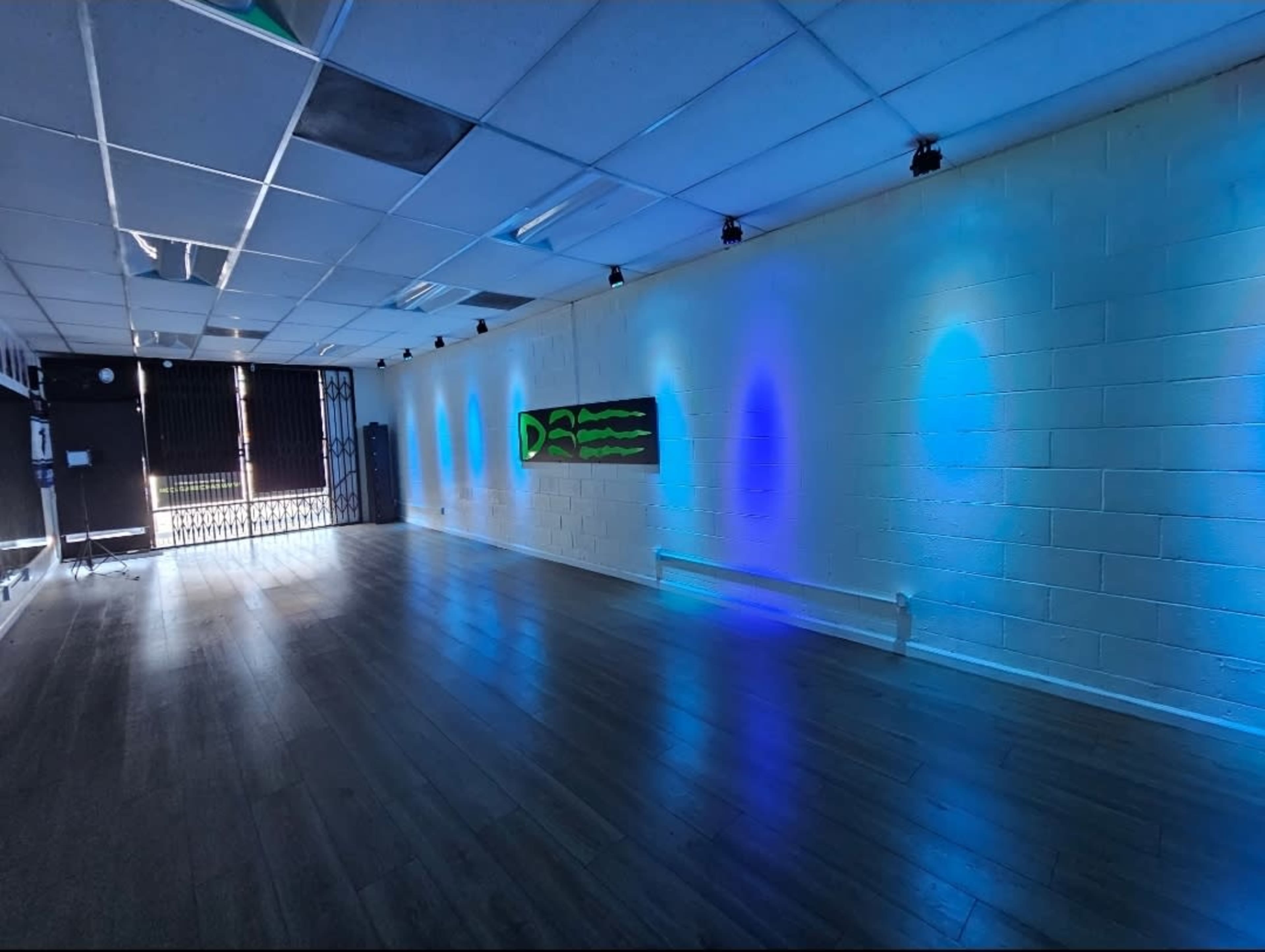 The image shows an empty room with wooden flooring and illuminated blue and green wall lights, along with a barred entrance at the far end.