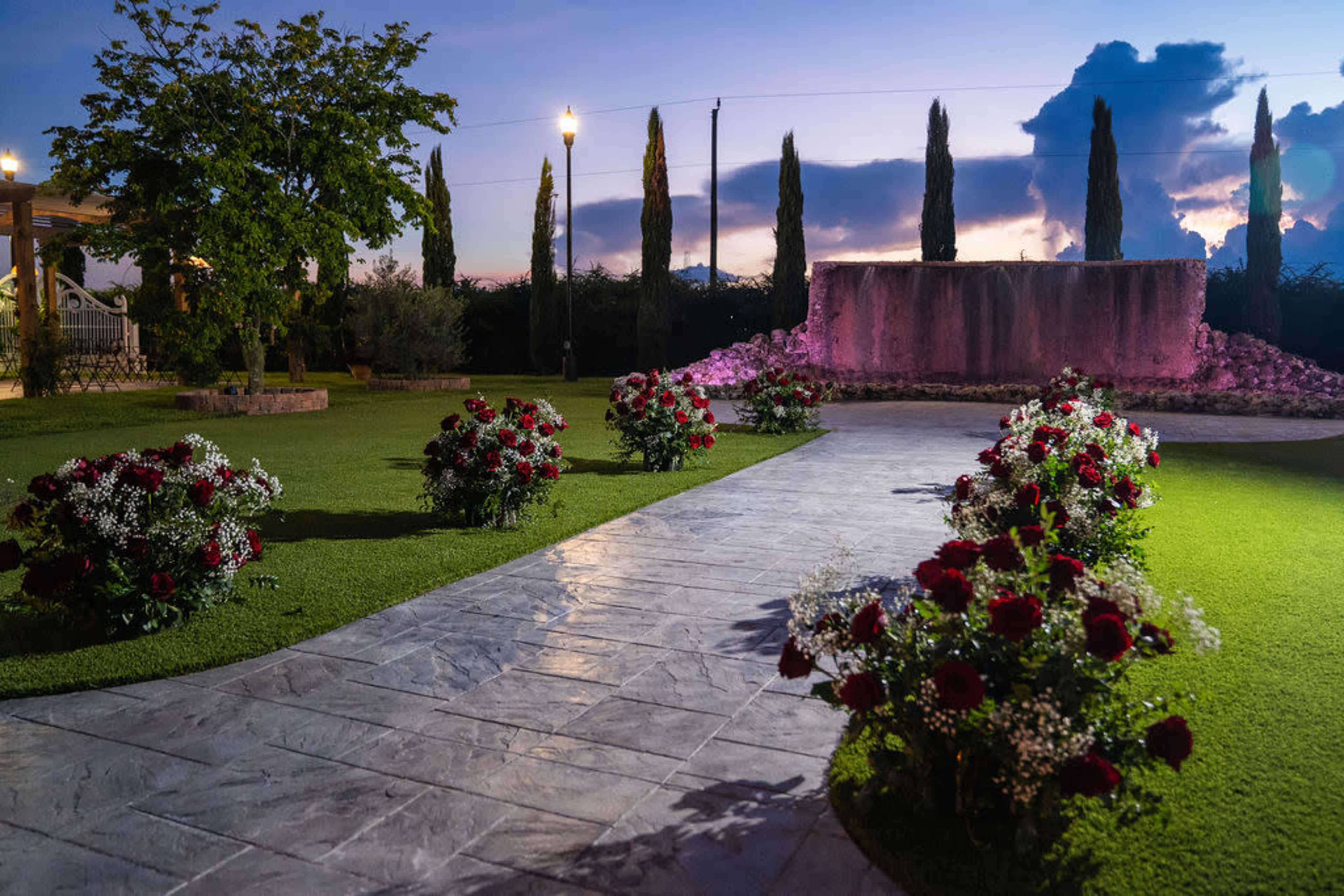 A stone pathway lined with rose bushes leads to a water feature surrounded by tall trees in a garden at dusk.