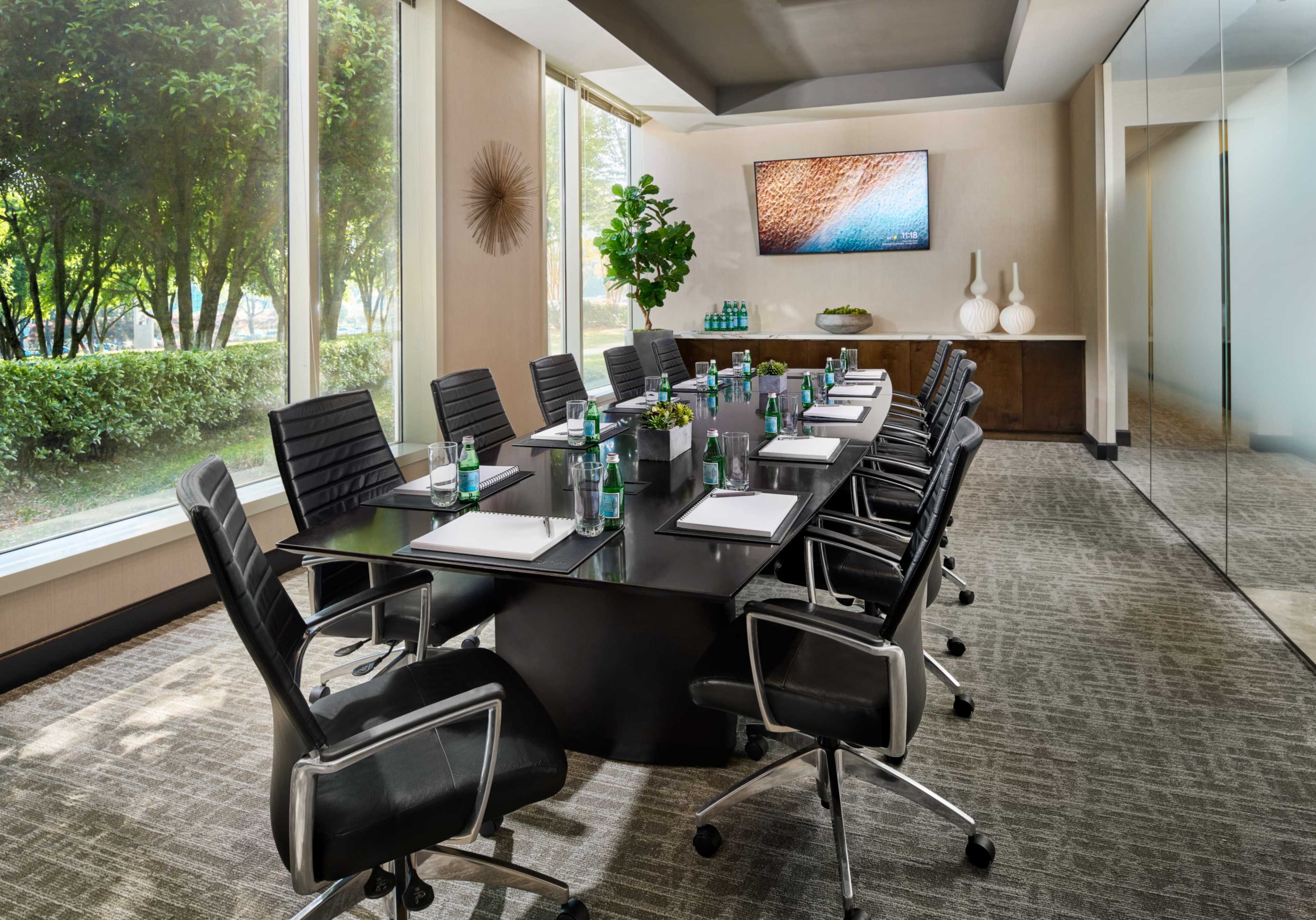 A modern conference room features a large black table surrounded by ergonomic chairs, with a TV and large windows overlooking greenery.