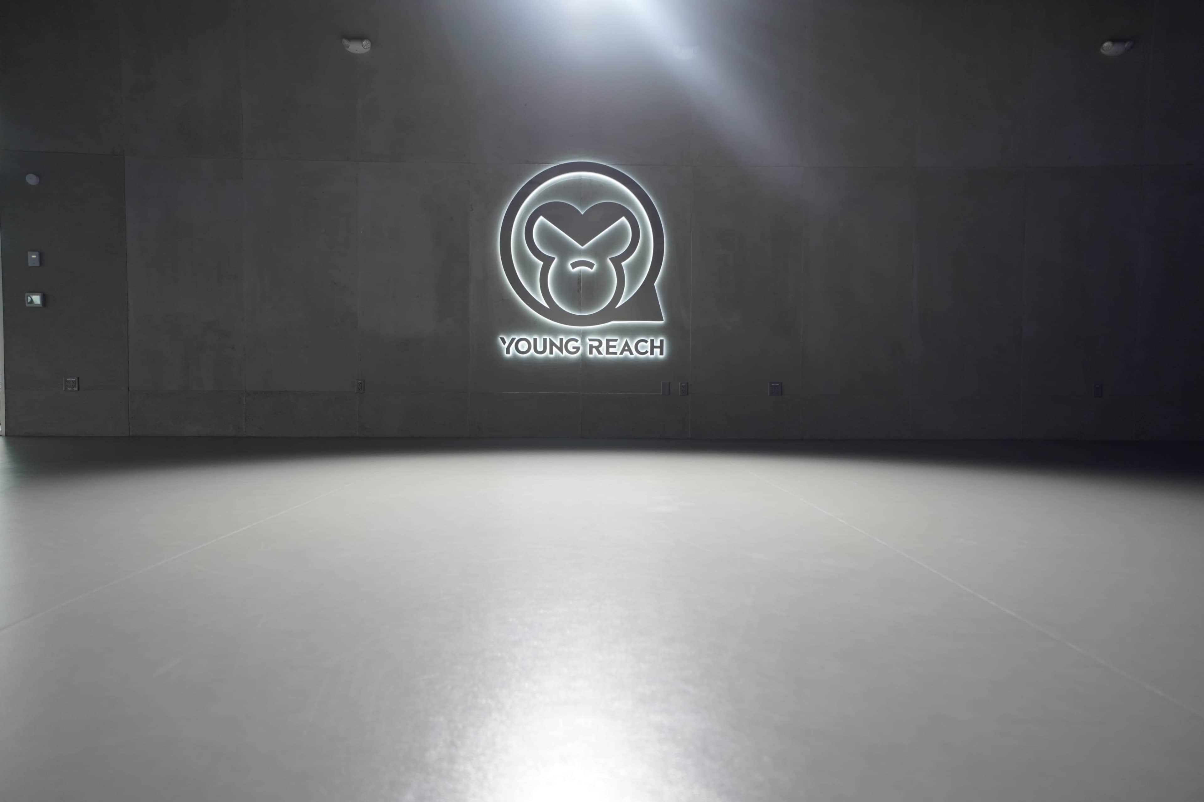 The image shows a minimalist interior space with a concrete wall and a glowing logo that reads "YOUNG REACH."