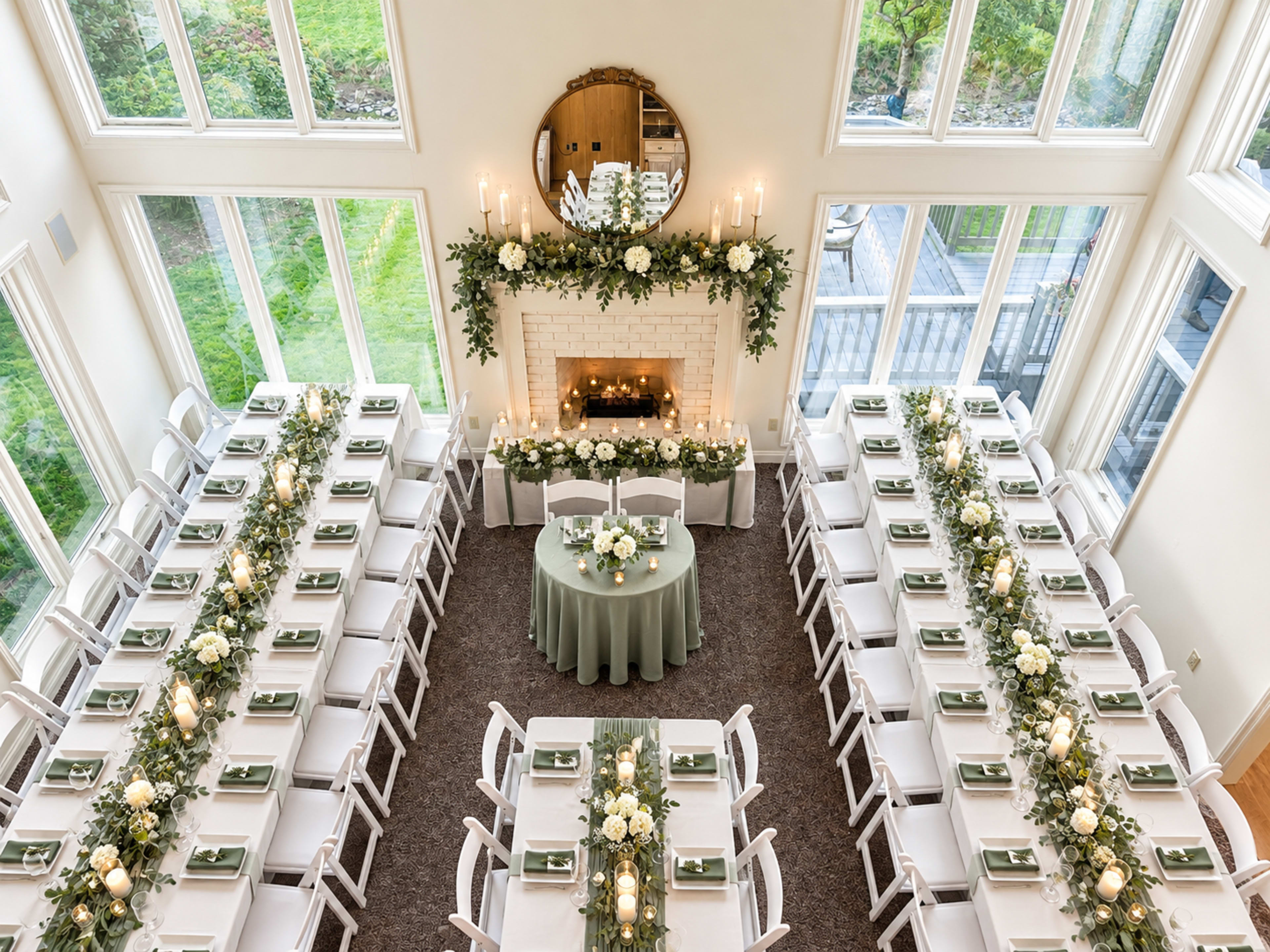 The image shows a well-decorated indoor event space with several long dining tables set for a formal gathering, featuring white chairs, green table linens, and floral centerpieces, all arranged around a fireplace and large windows.