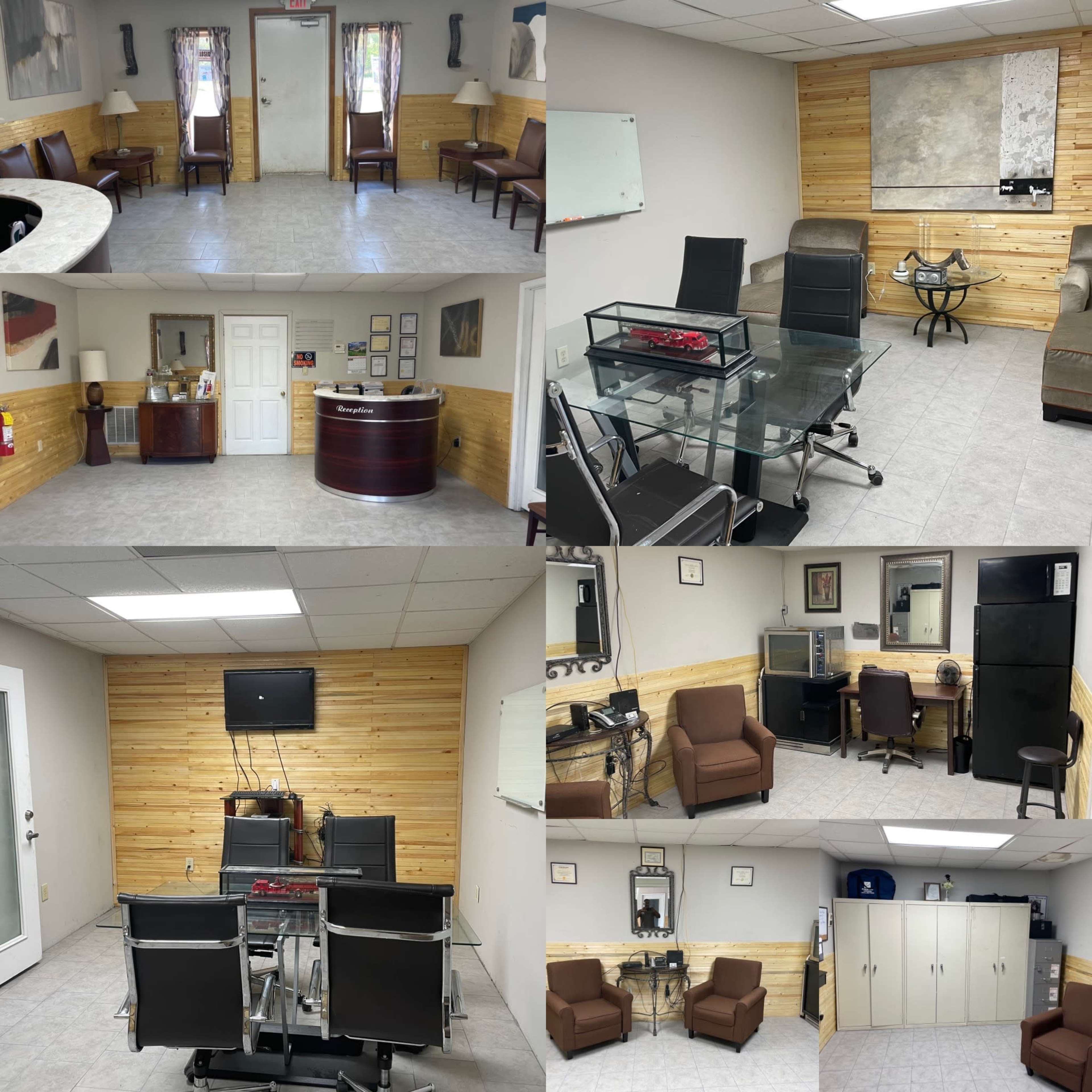 Multiple rooms of an office space featuring a mix of seating areas, desks, and wooden paneling.
