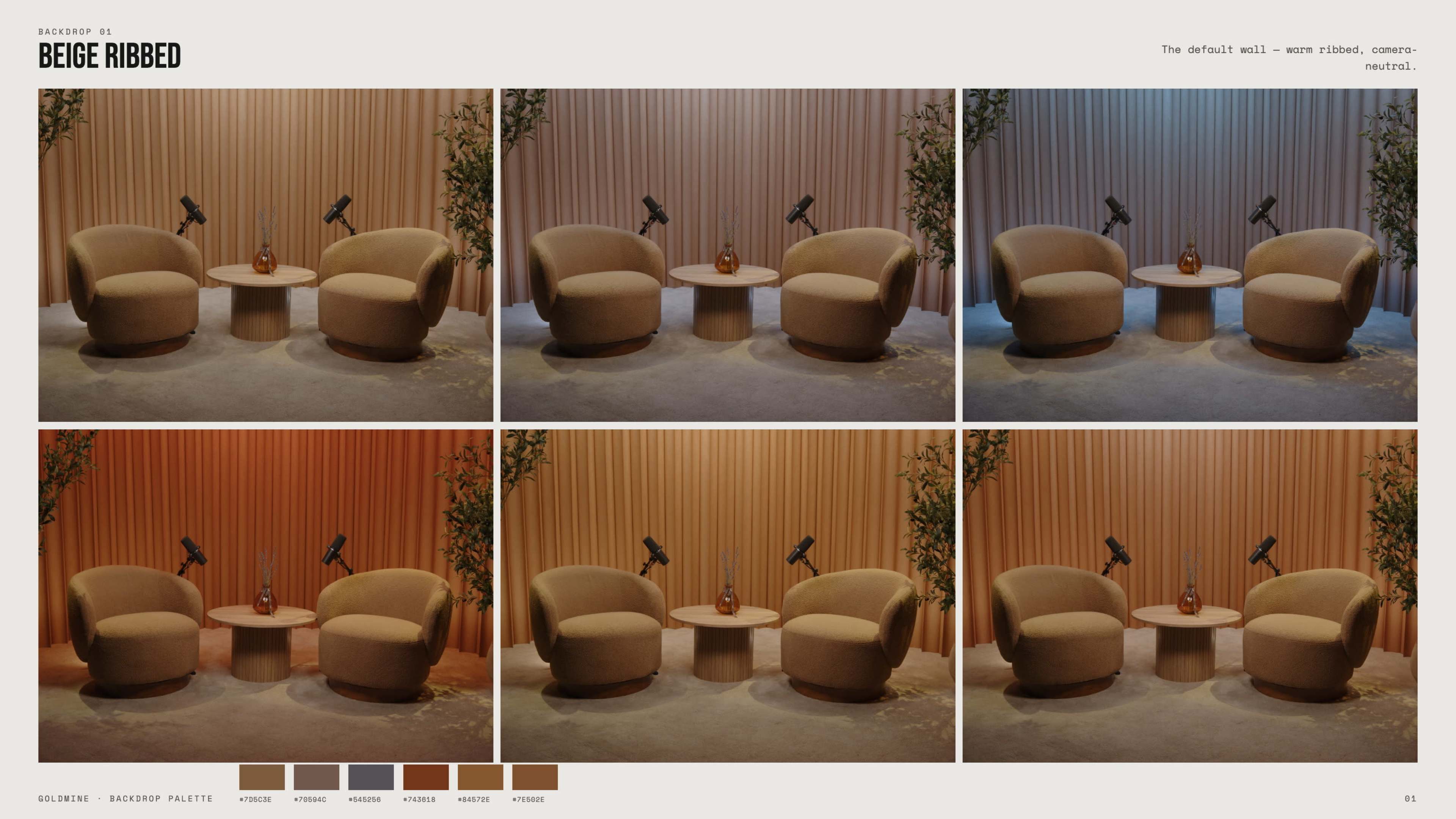 The image displays two sets of two cozy chairs positioned around a small table, set against a backdrop of textured beige fabric with varying lighting conditions.
