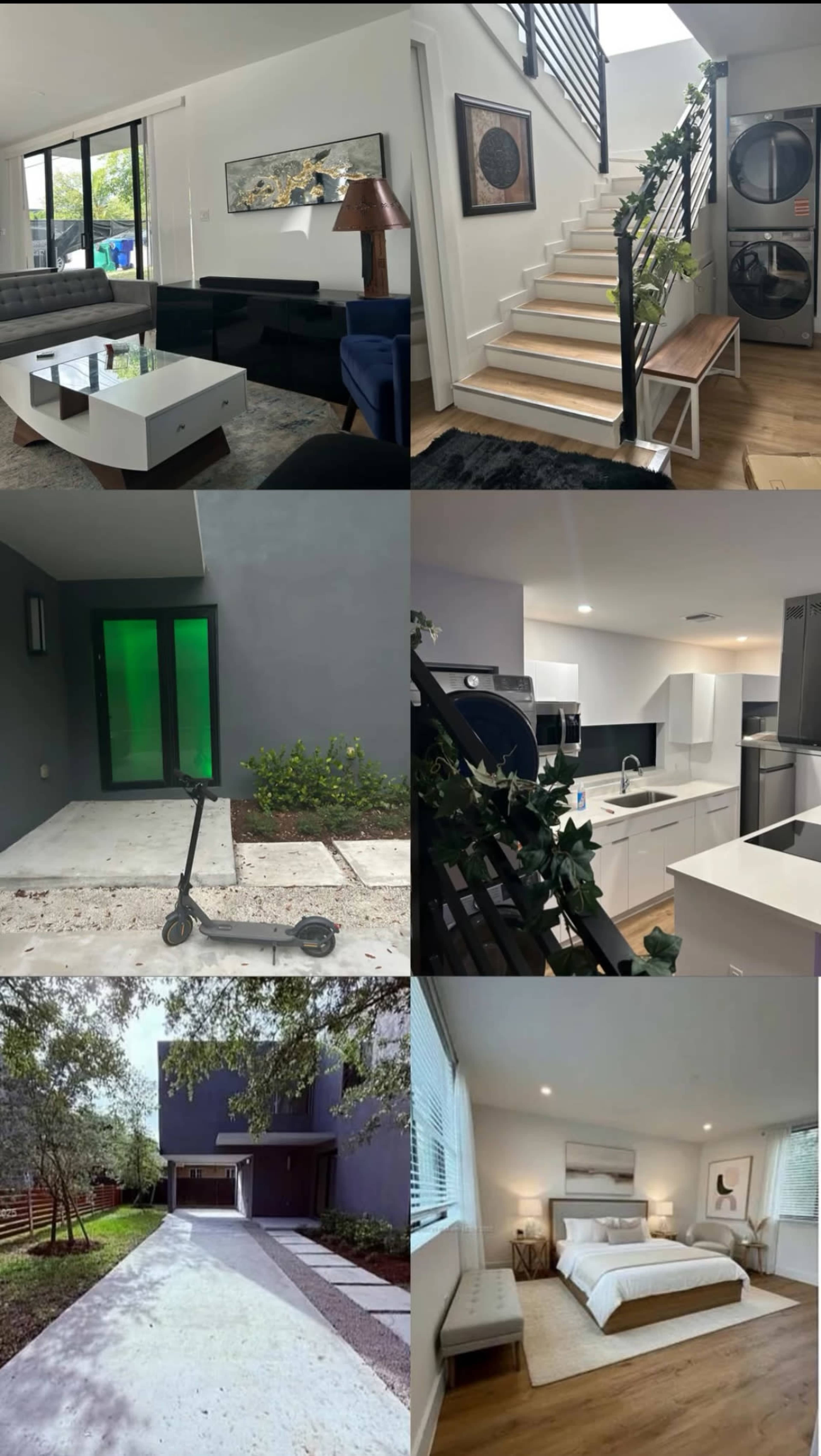 The image presents a collage of six scenes featuring a modern home, including a living area, staircase, entrance with a green door, kitchen, driveway, and a bedroom.
