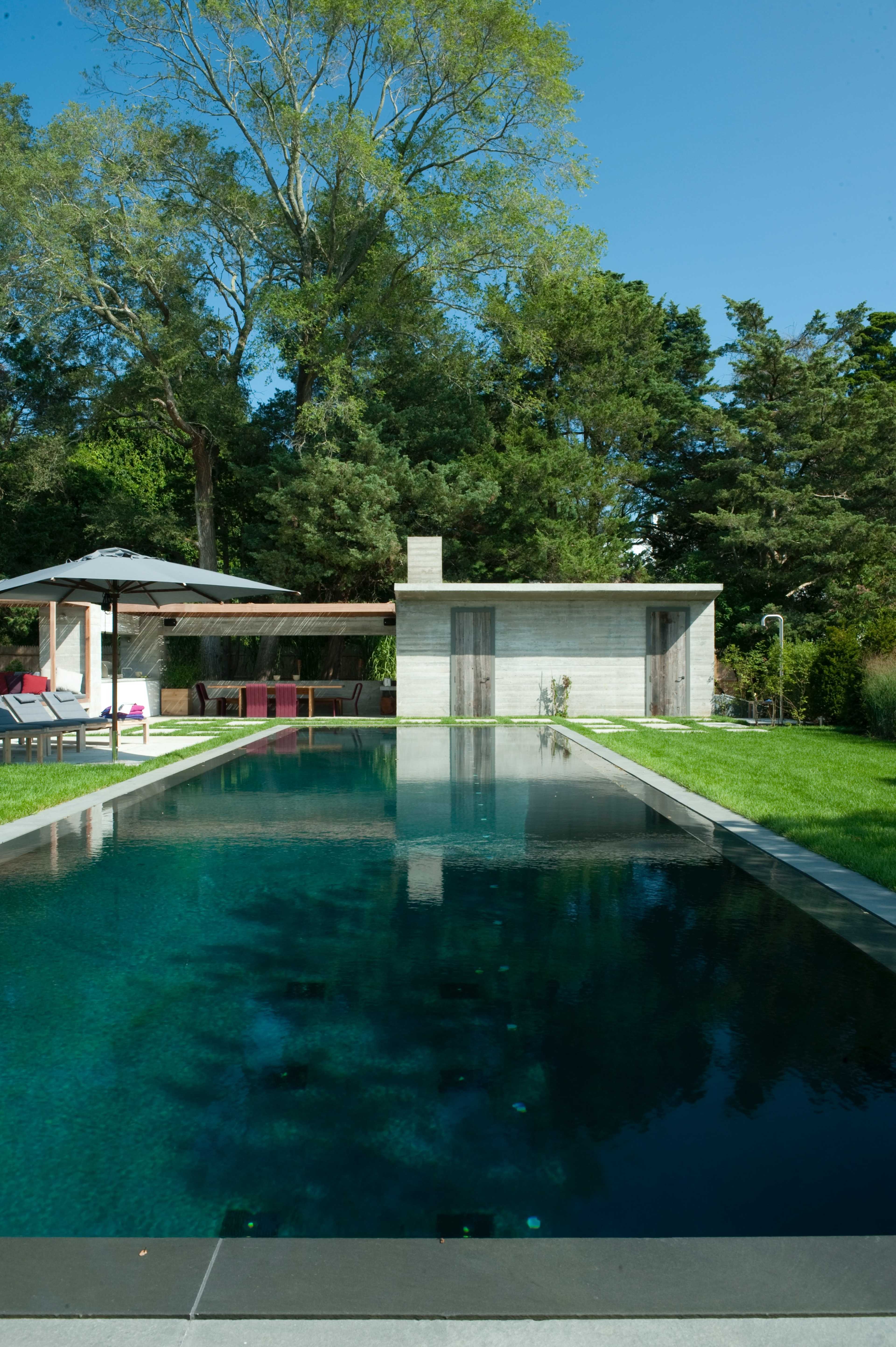The image shows a modern swimming pool with a wooden shed and landscaped greenery in the background under a clear blue sky.