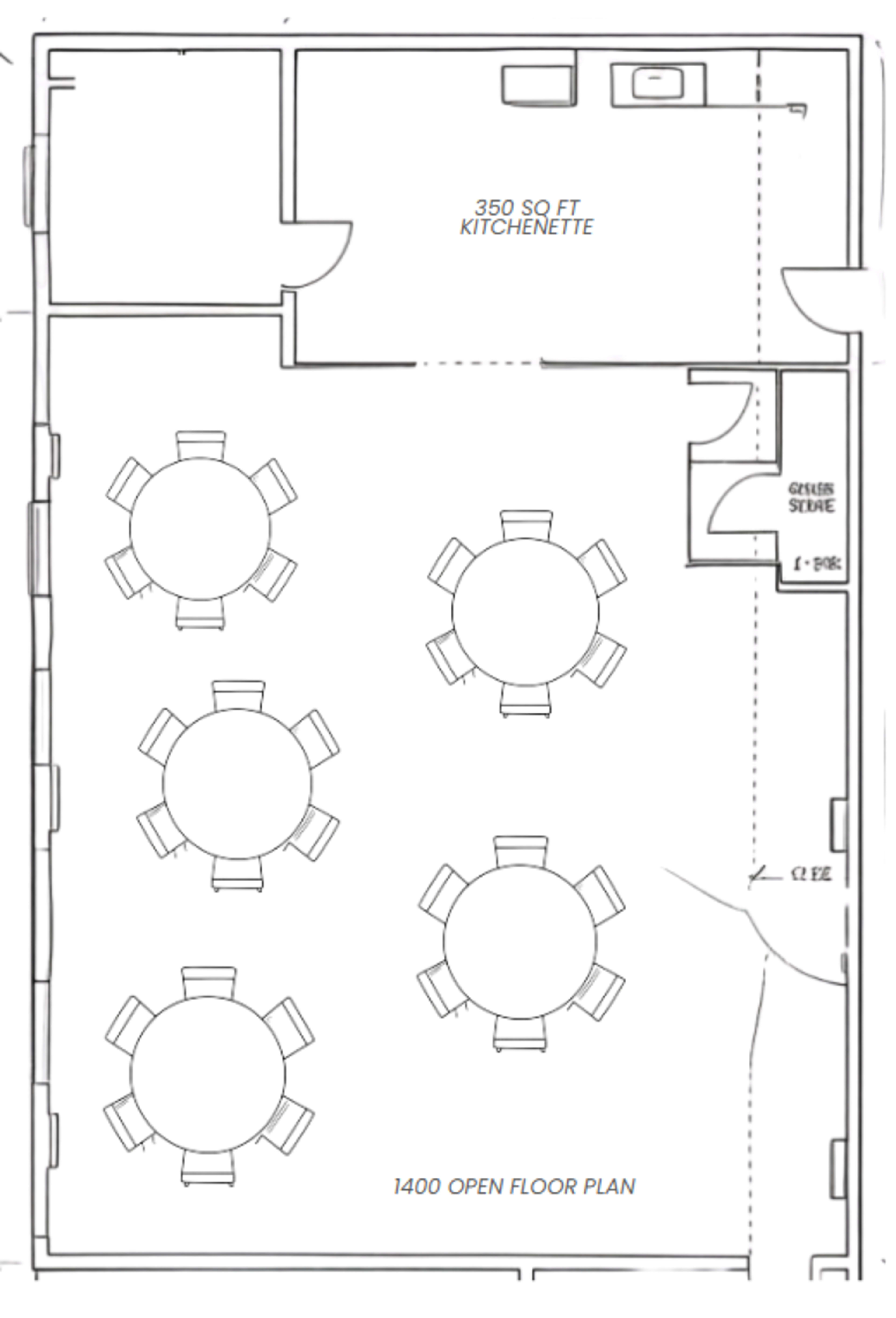 The diagram shows an open floor plan of a room measuring 1400 square feet, featuring six round tables and a kitchenette area of 350 square feet.