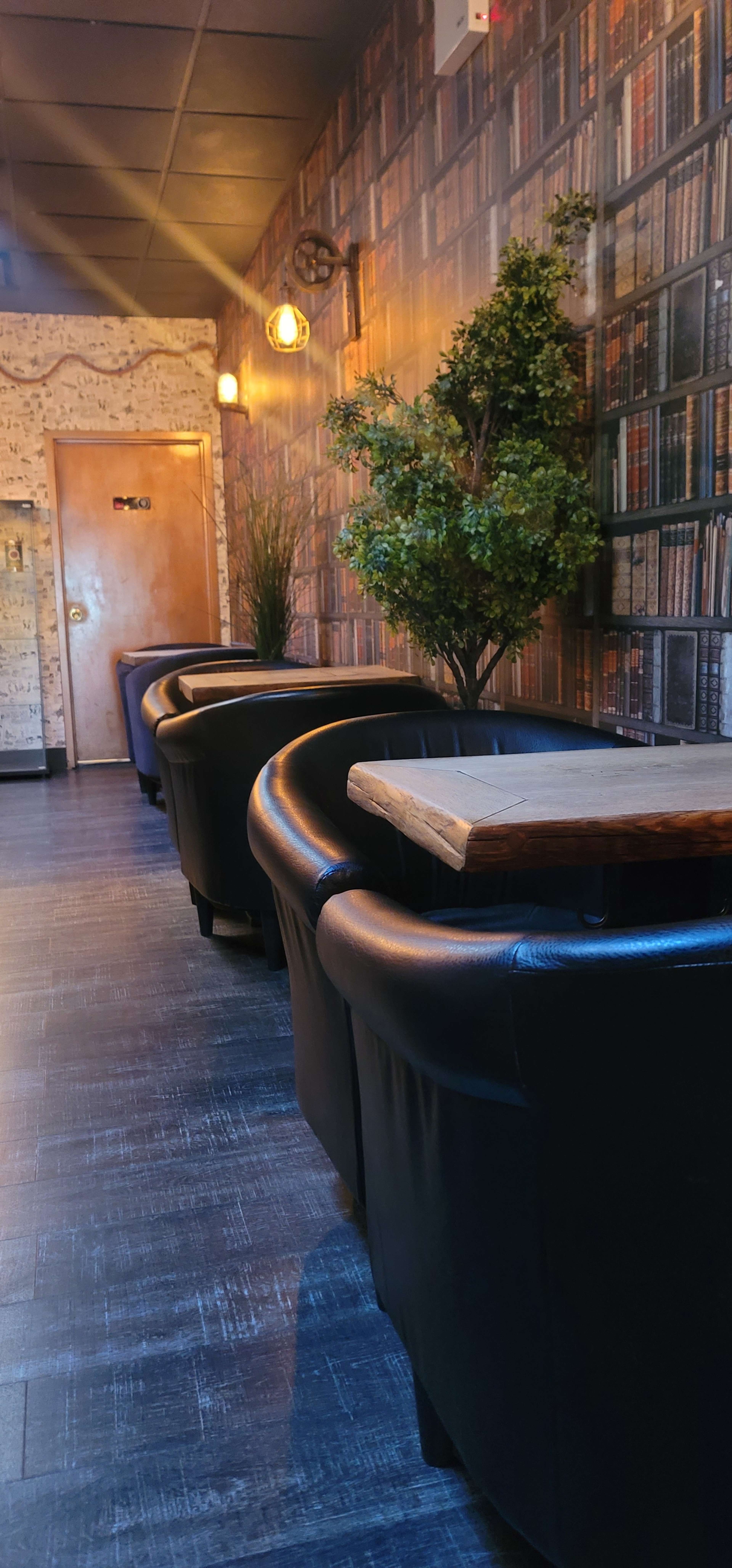 A narrow corridor lined with black leather chairs and a wooden table, with a wall designed to resemble bookshelves and a decorative plant in the corner.