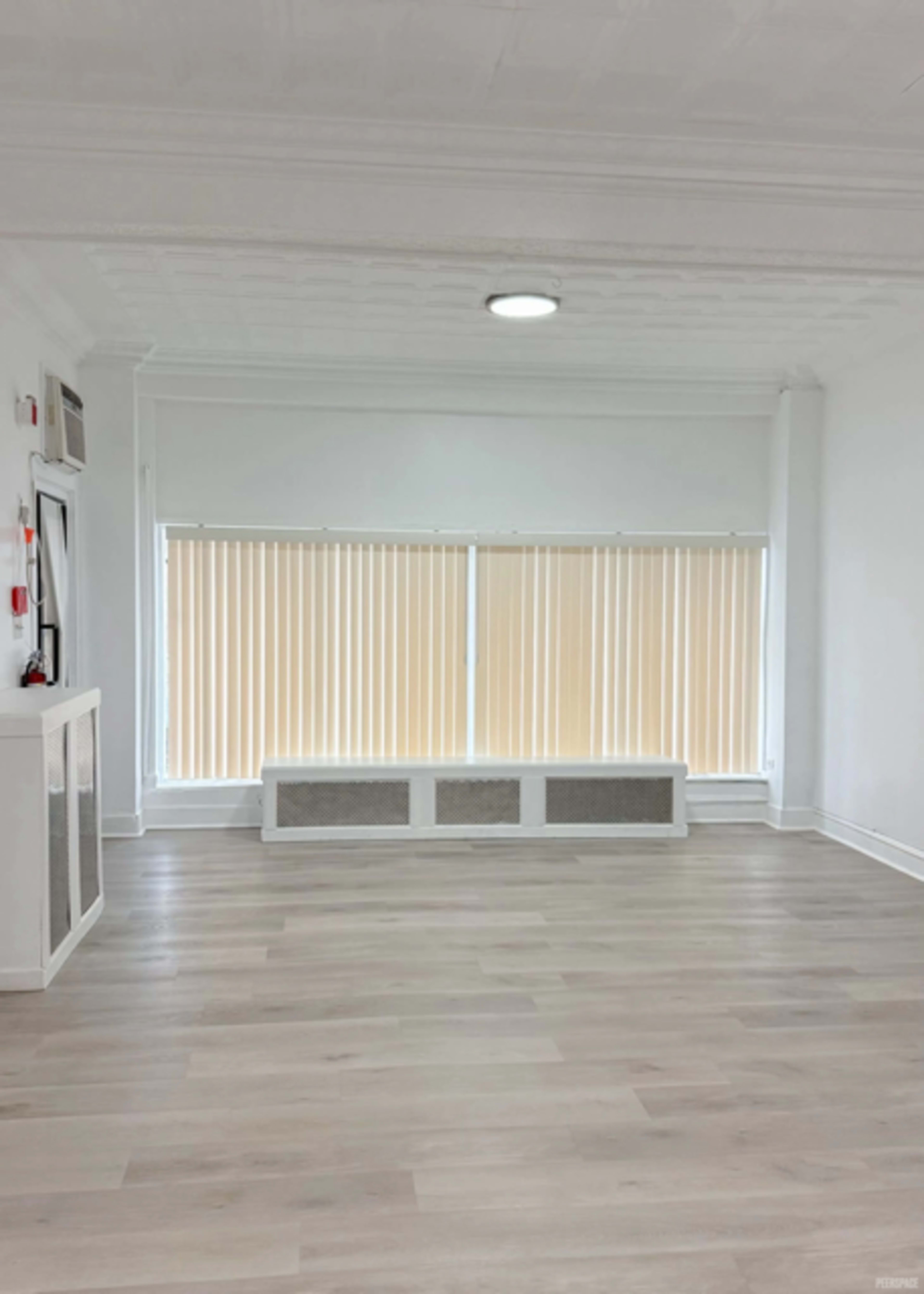The room features pale hardwood floors, white walls, and large windows with vertical blinds allowing natural light to enter.