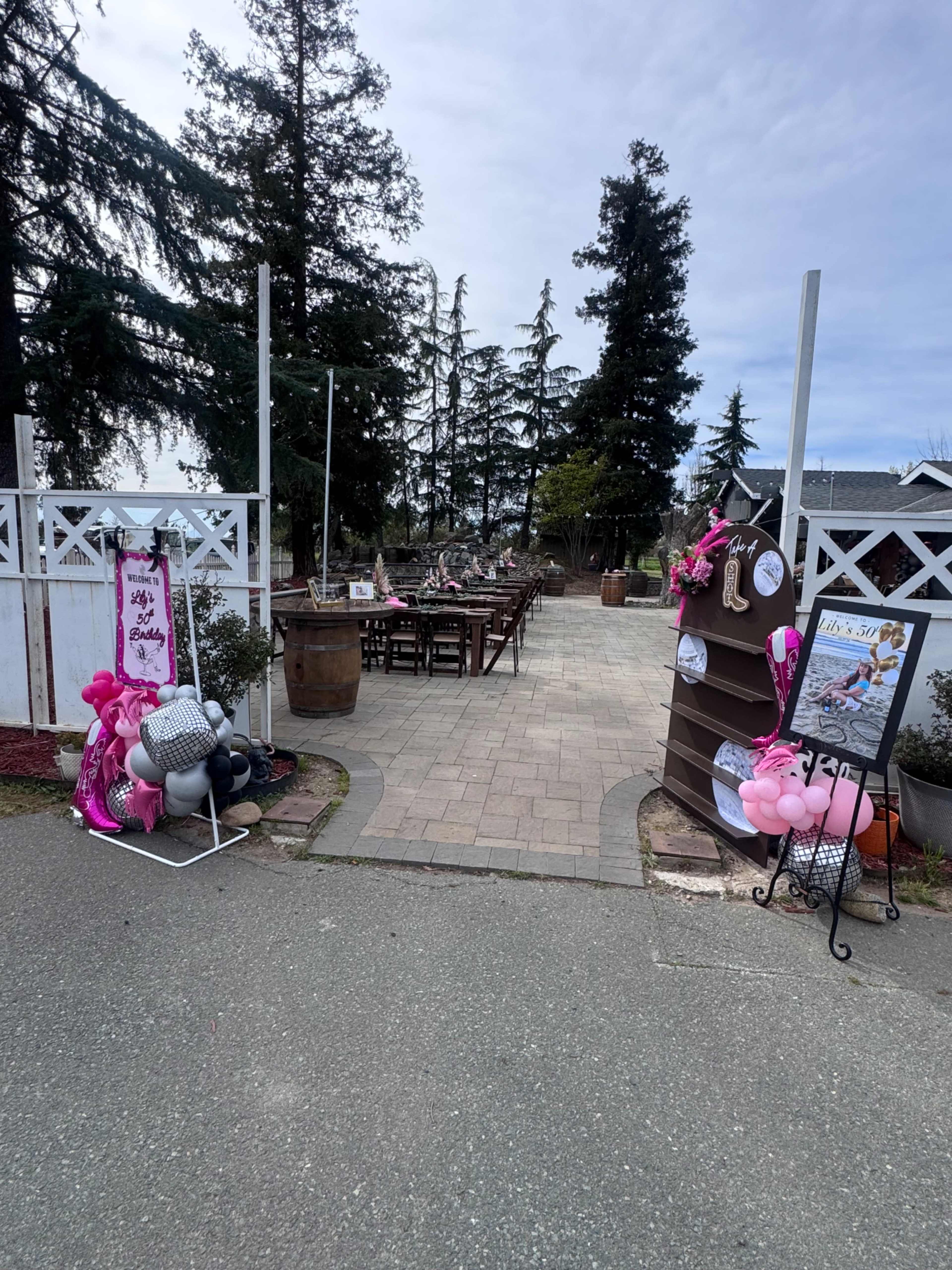 The image shows a decorated outdoor event space with tables arranged in a row, surrounded by trees and featuring decorative elements like balloons on either side of the entrance.