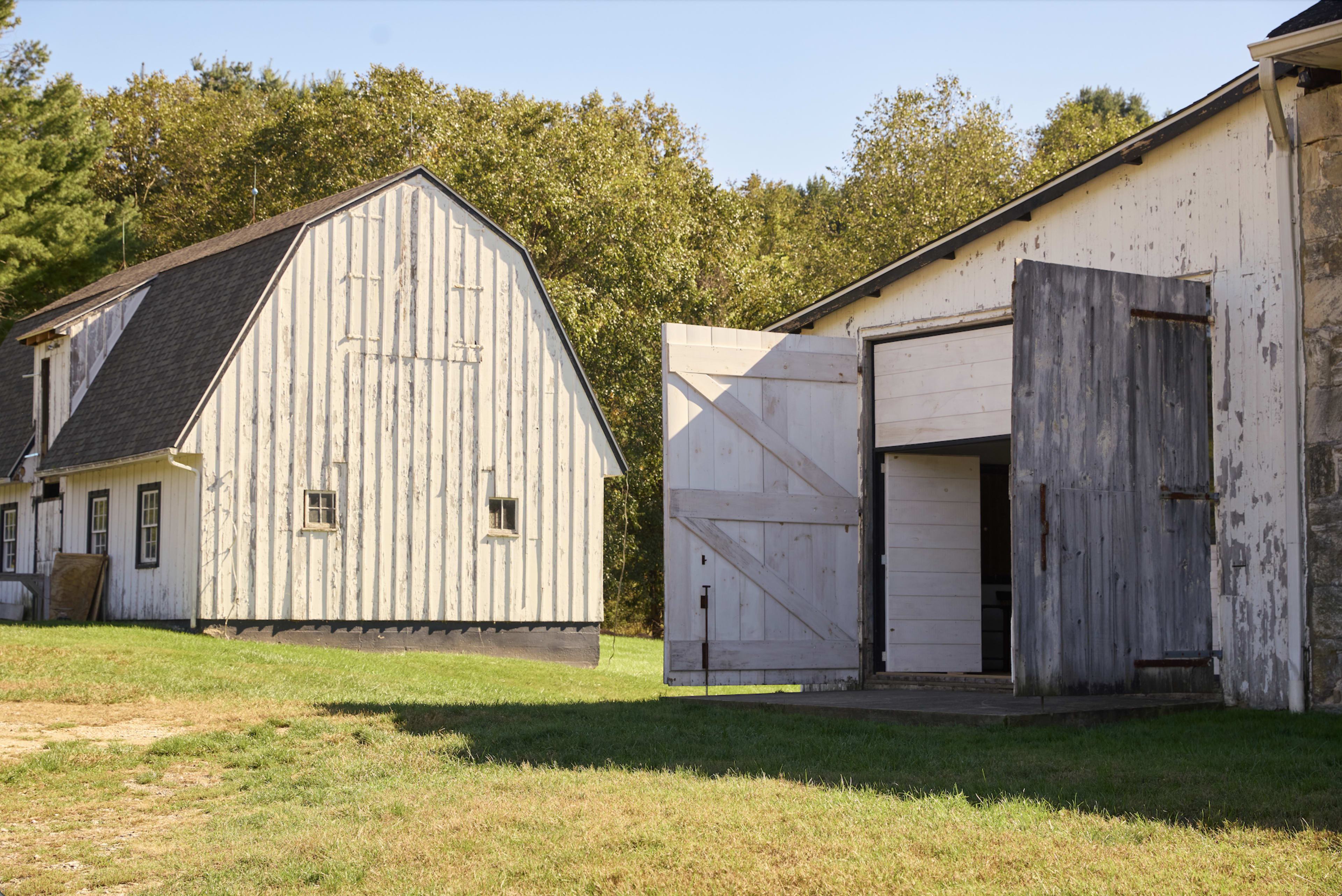 Two rustic barns stand on a grassy field, with one barn's double doors open wide.