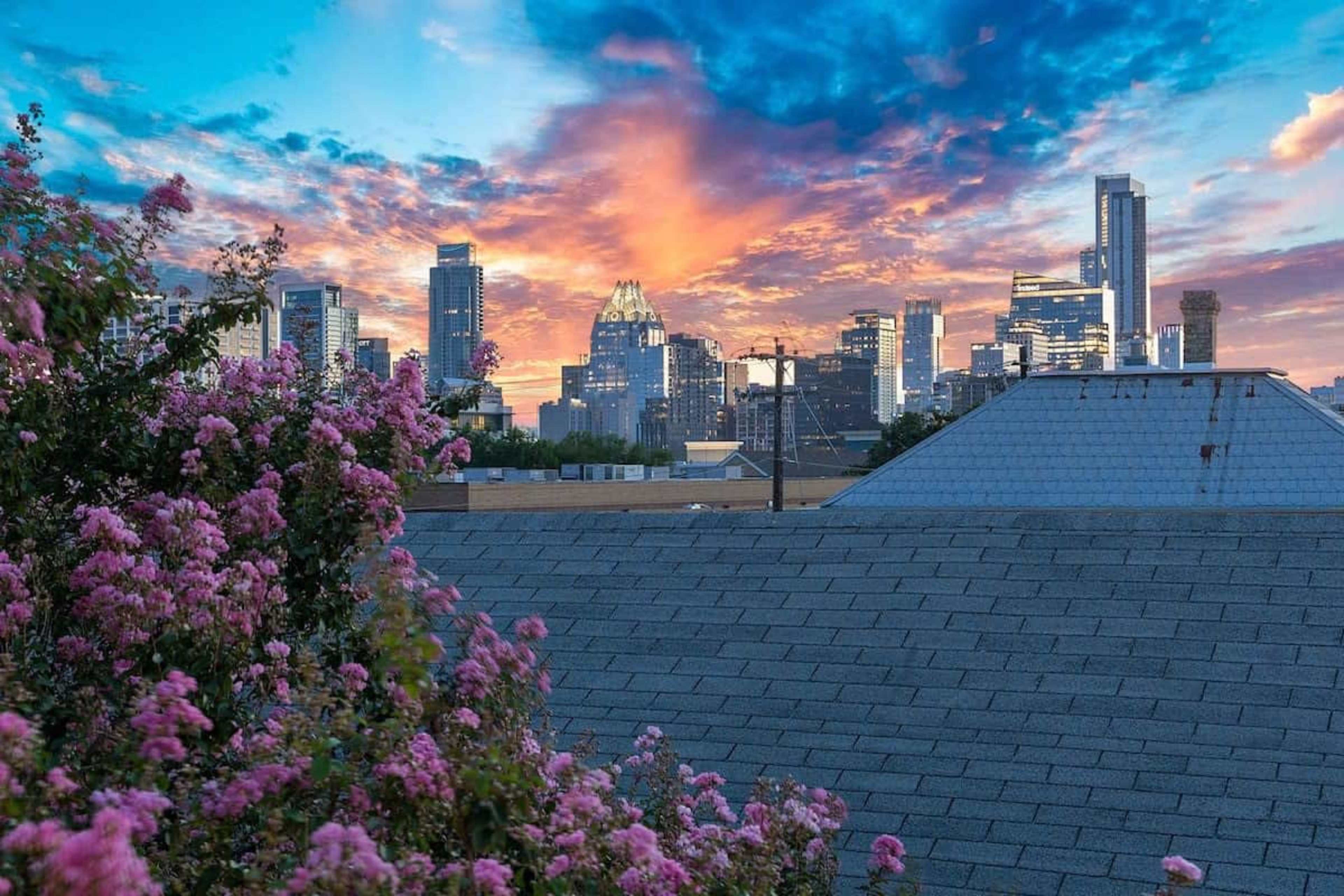A vibrant city skyline at sunset, with colorful clouds and blooming flowers in the foreground.