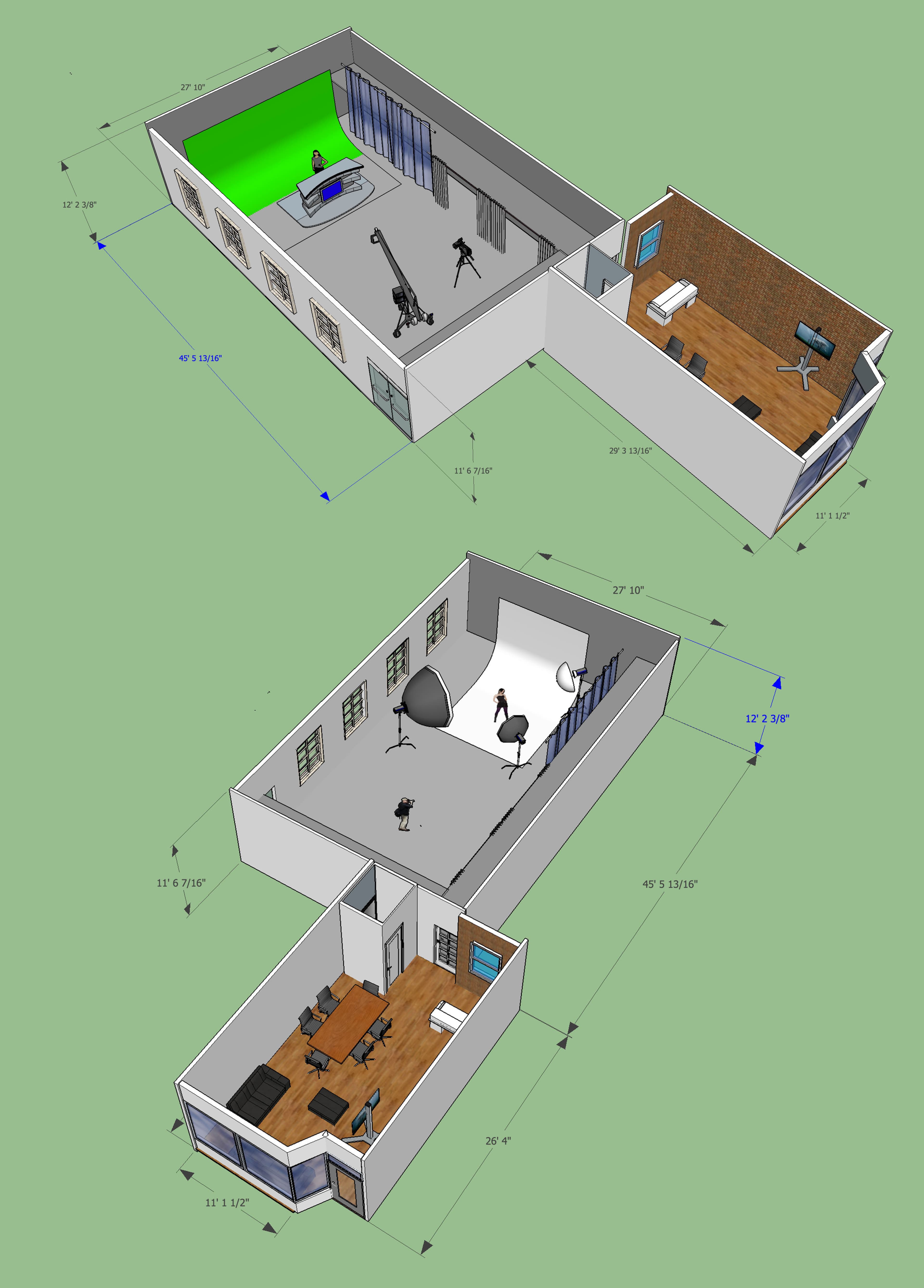 The image displays a 3D layout of a studio space divided into multiple rooms, including a green screen area, a photography setup, and workstations.