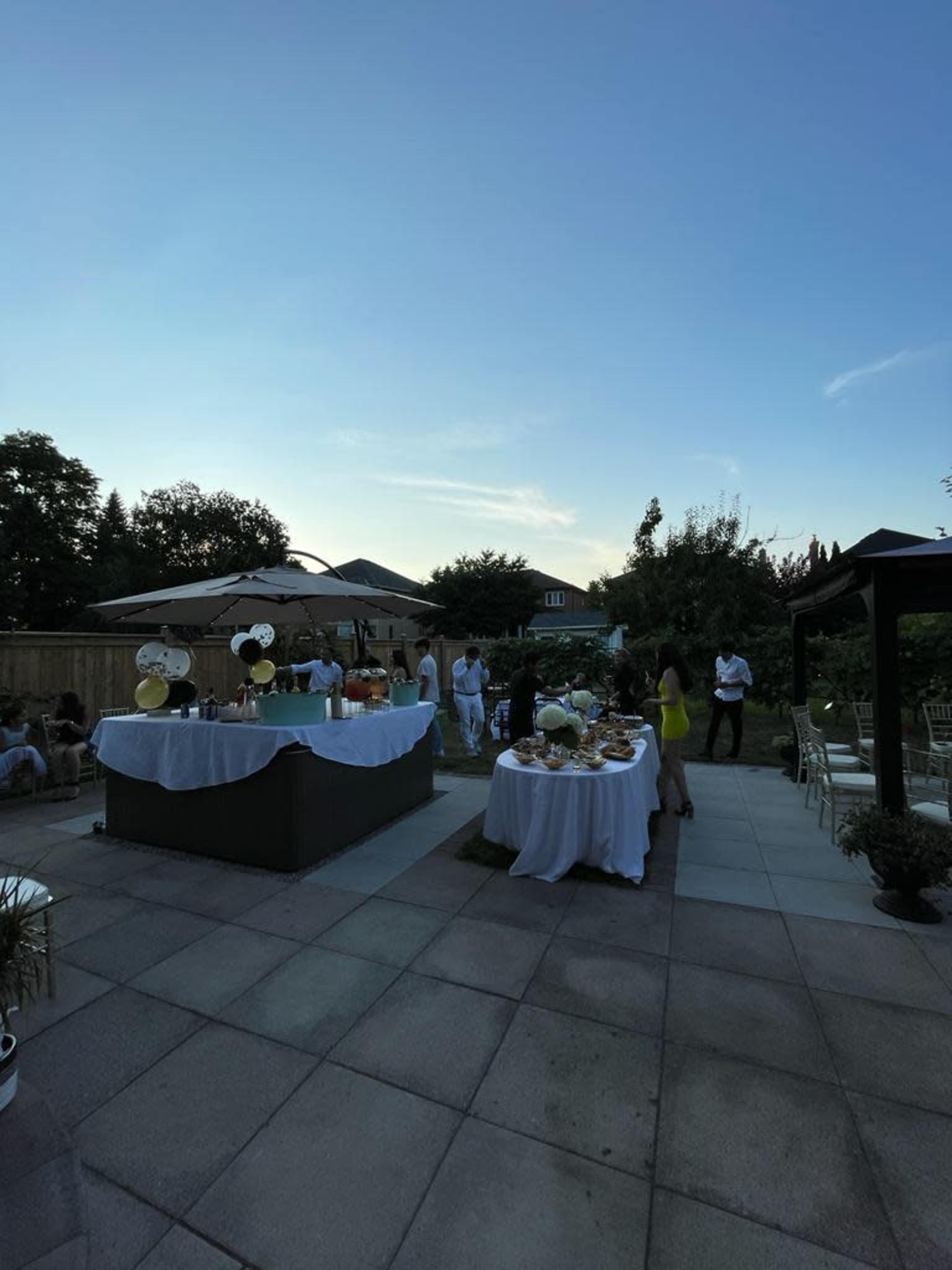 A backyard party features tables adorned with food and drinks, surrounded by guests enjoying the evening under a clear sky.