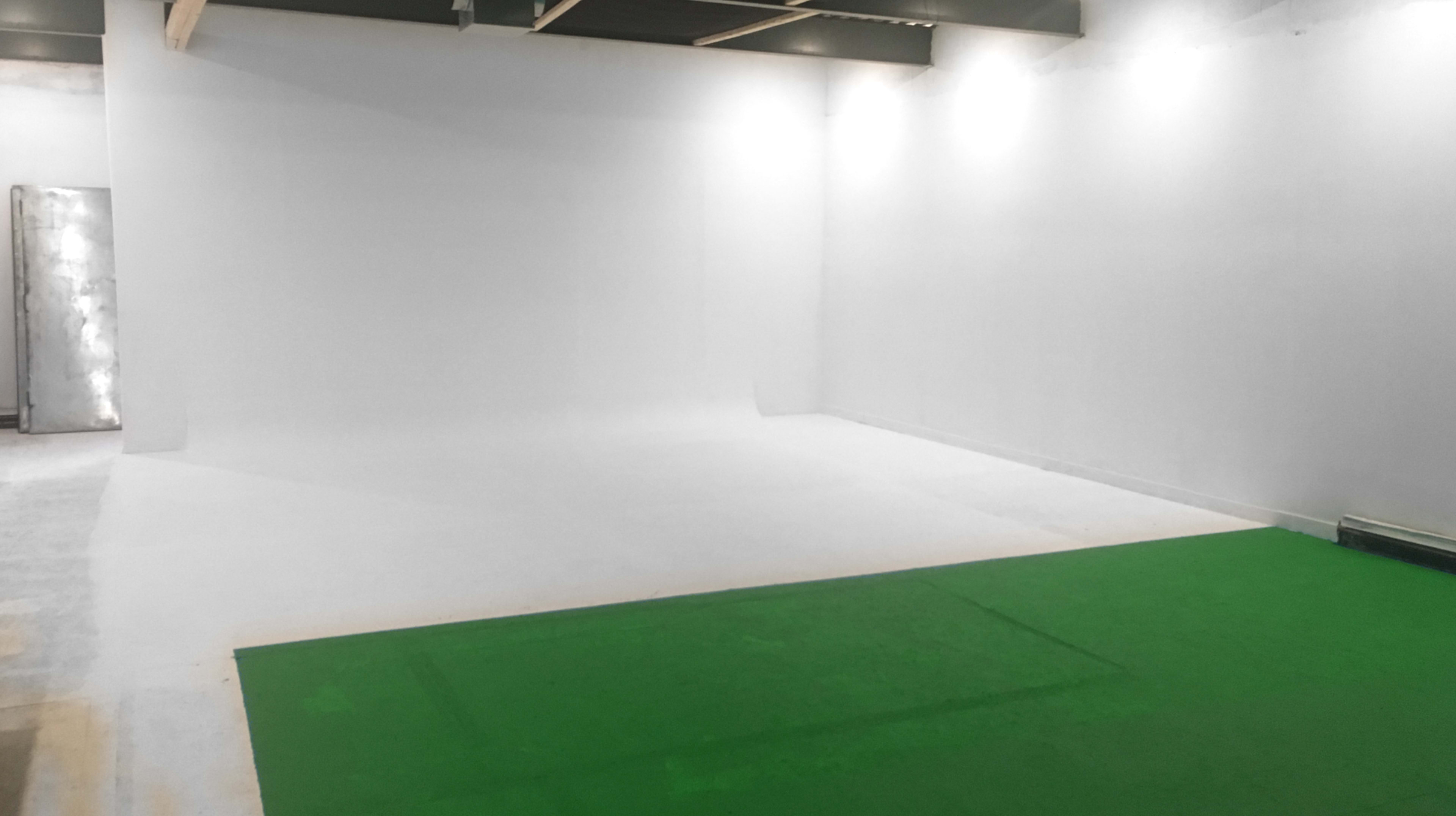 An empty room with white walls and a green floor area.