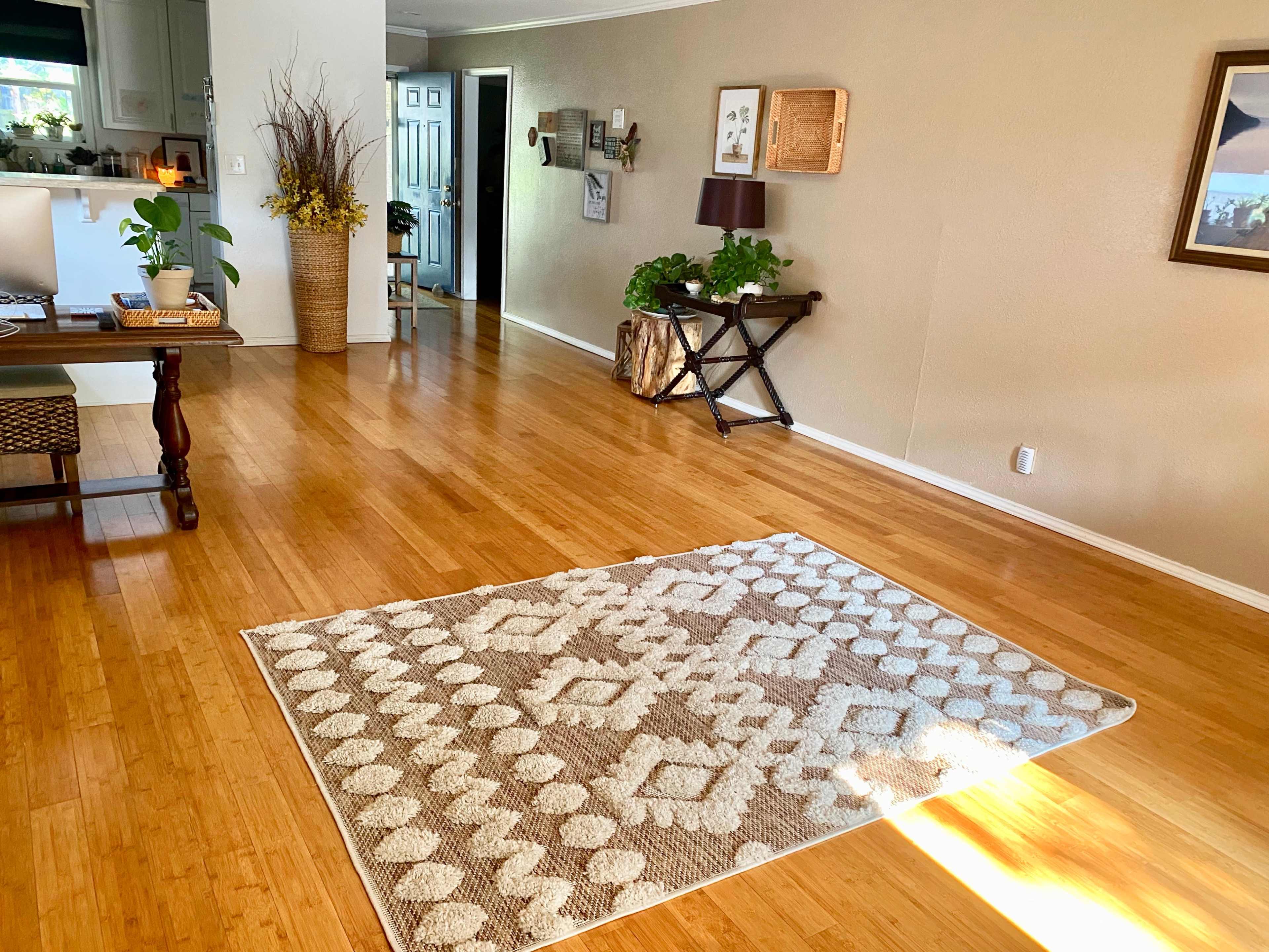 The image shows a spacious living area with bamboo flooring, a patterned area rug, and various decorative elements including plants and wall art.