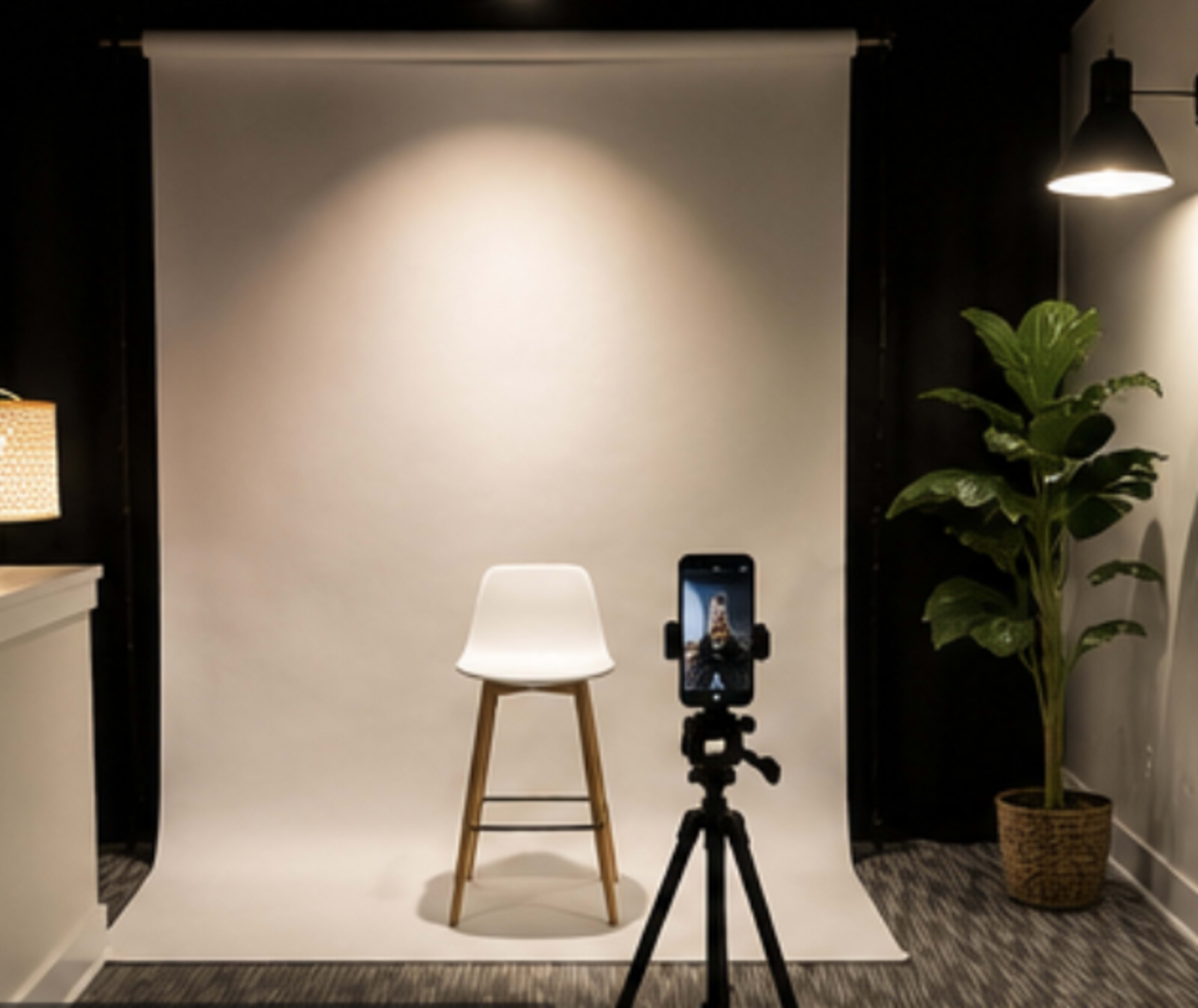 The image shows a simple photography setup featuring a white chair on a light backdrop, with a smartphone mounted on a tripod nearby.