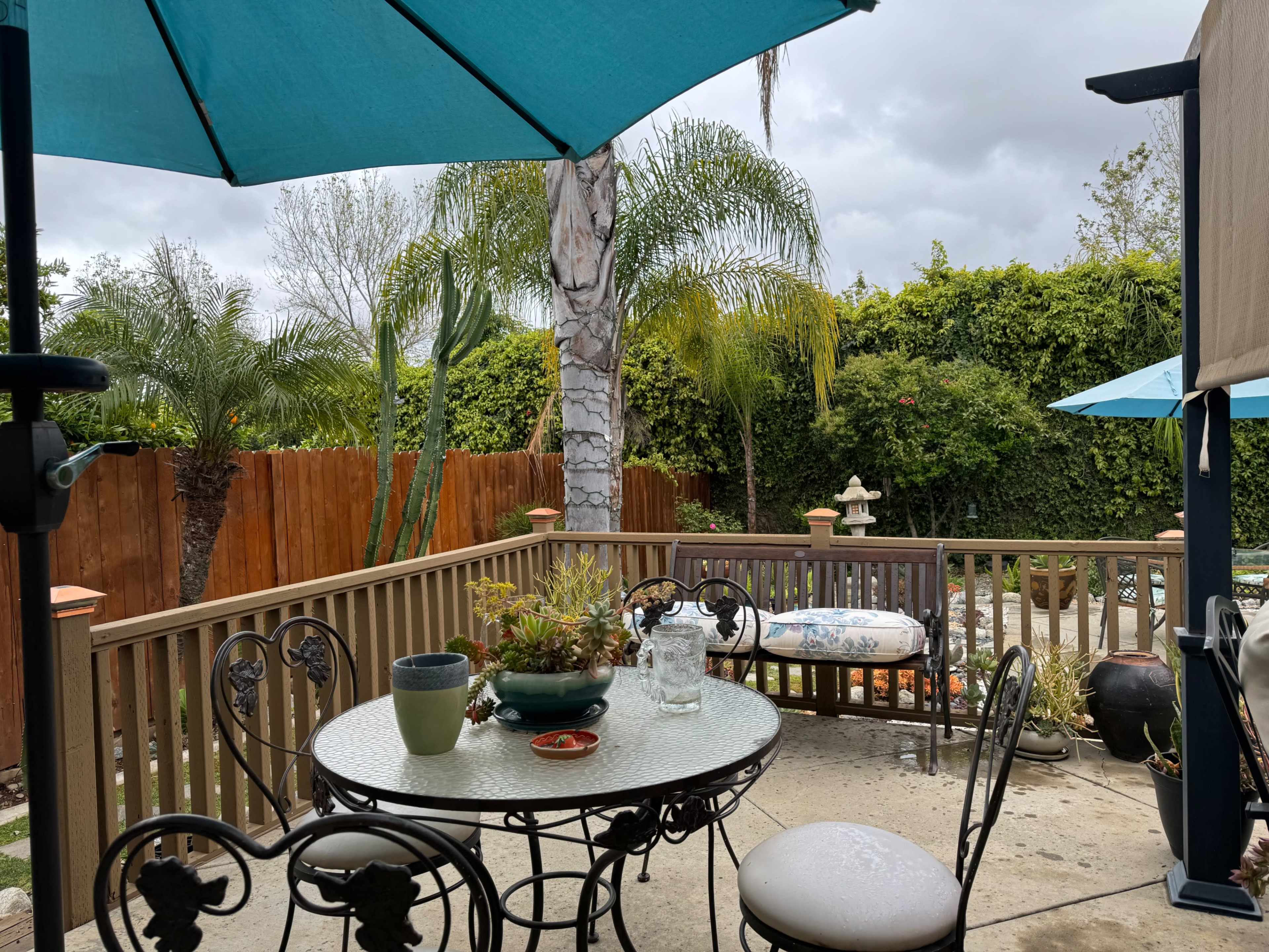 A patio with a round table, chairs, and large umbrellas overlooks a garden with palm trees and a wooden fence.