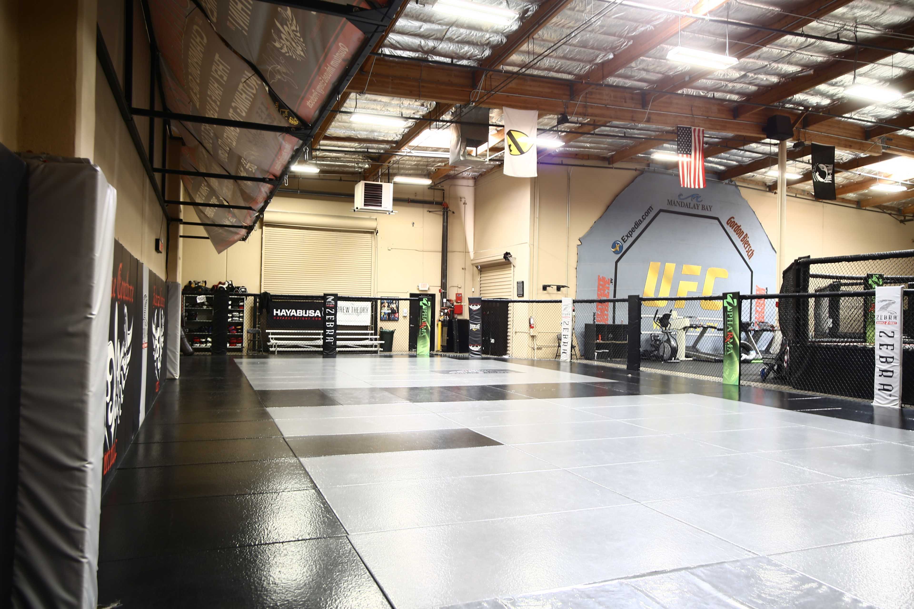 An empty mixed martial arts training facility with a large mat area, an octagonal cage, and various equipment along the walls.