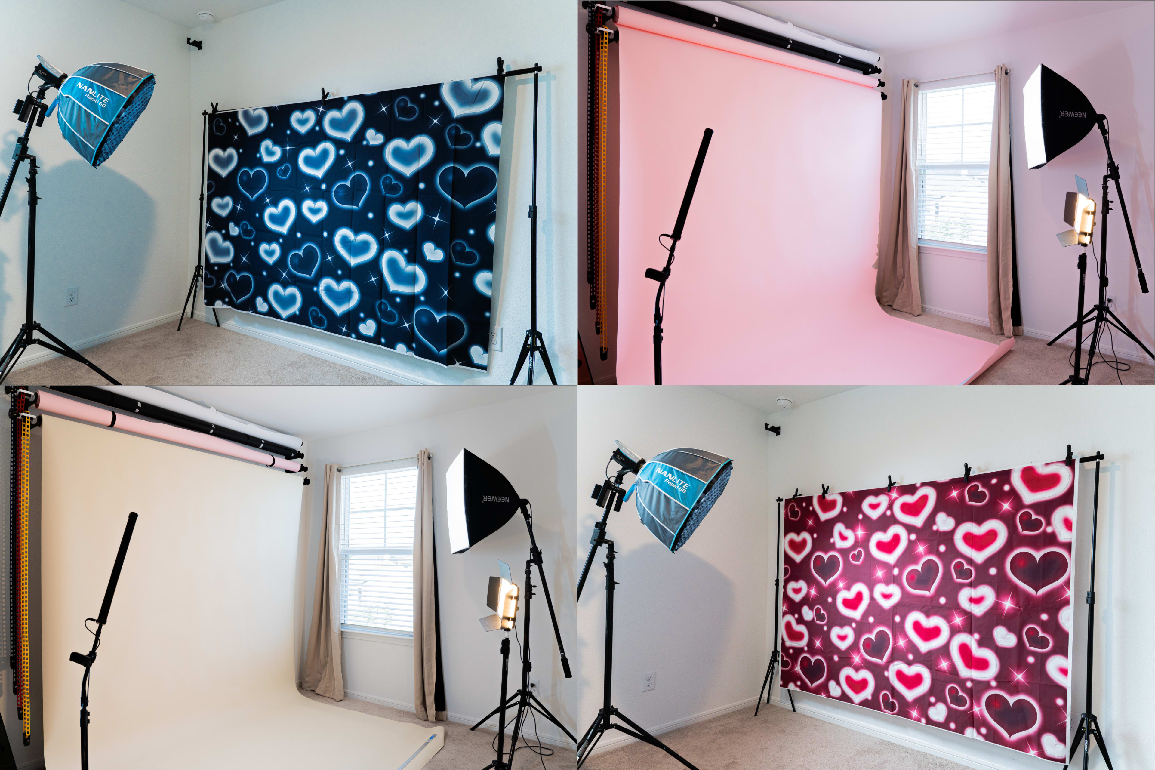 The image shows a photography studio with four different backdrops featuring various heart patterns, each with distinct colors including blue, pink, cream, and burgundy.
