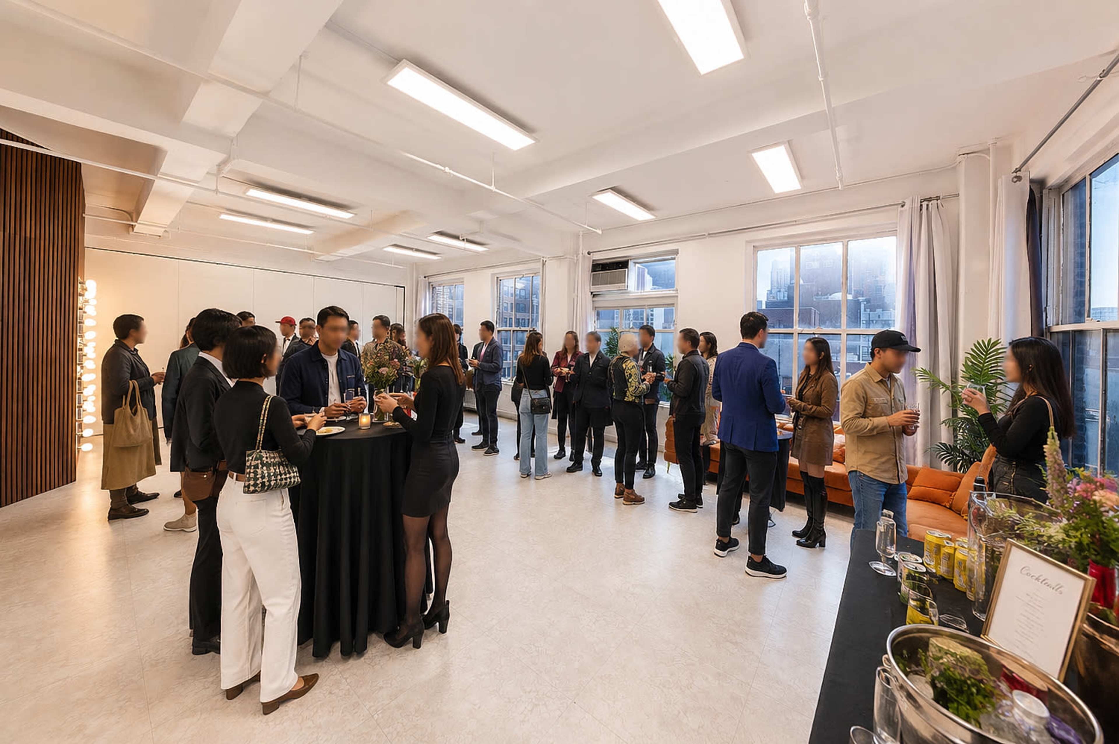 A group of people mingles at an indoor event in a well-lit room with modern decor and refreshments displayed on tables.