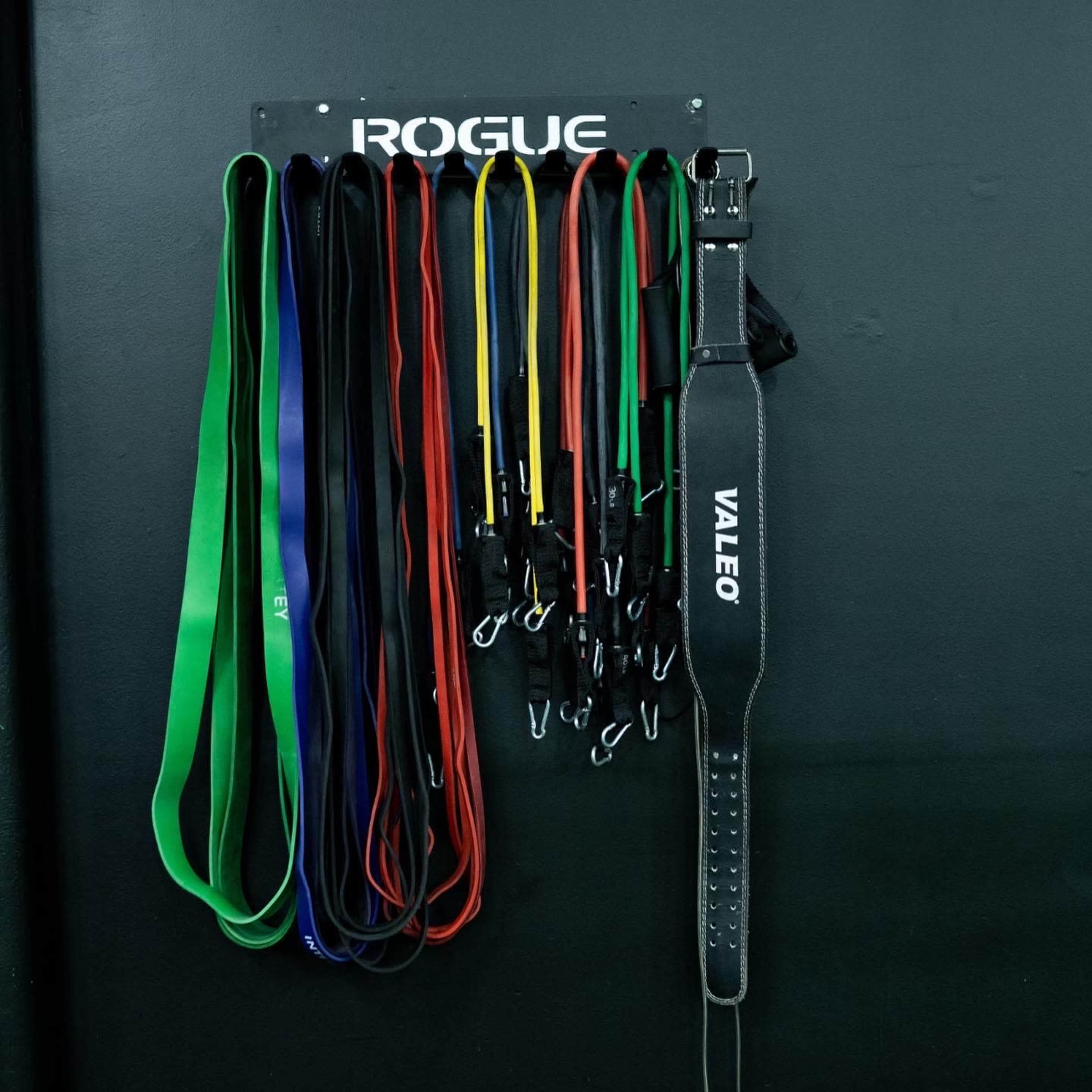 A variety of resistance bands and a weightlifting belt are neatly arranged on a wall-mounted rack.