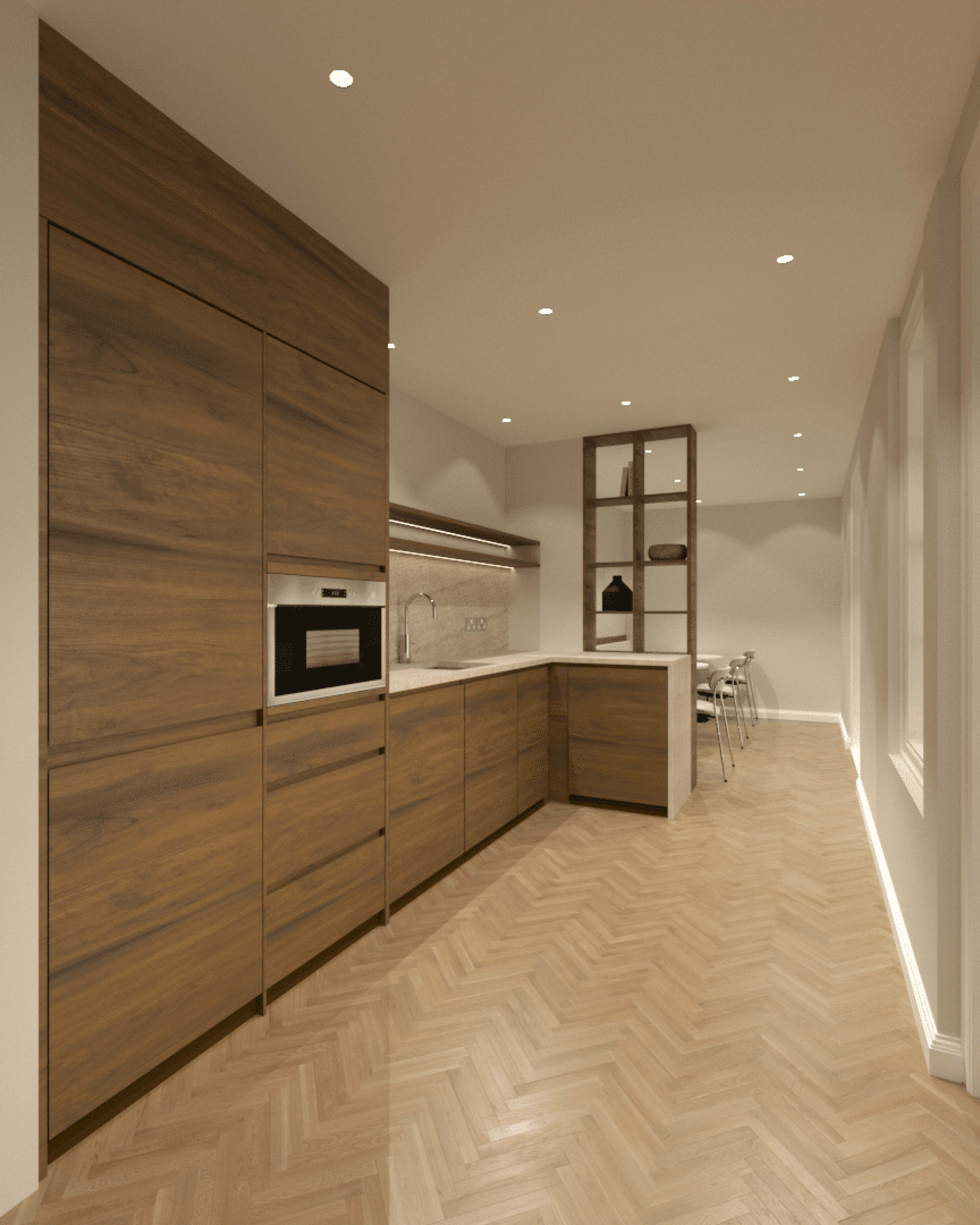 The image shows a modern kitchen with wooden cabinetry, a built-in microwave, and a small dining area with bar stools.